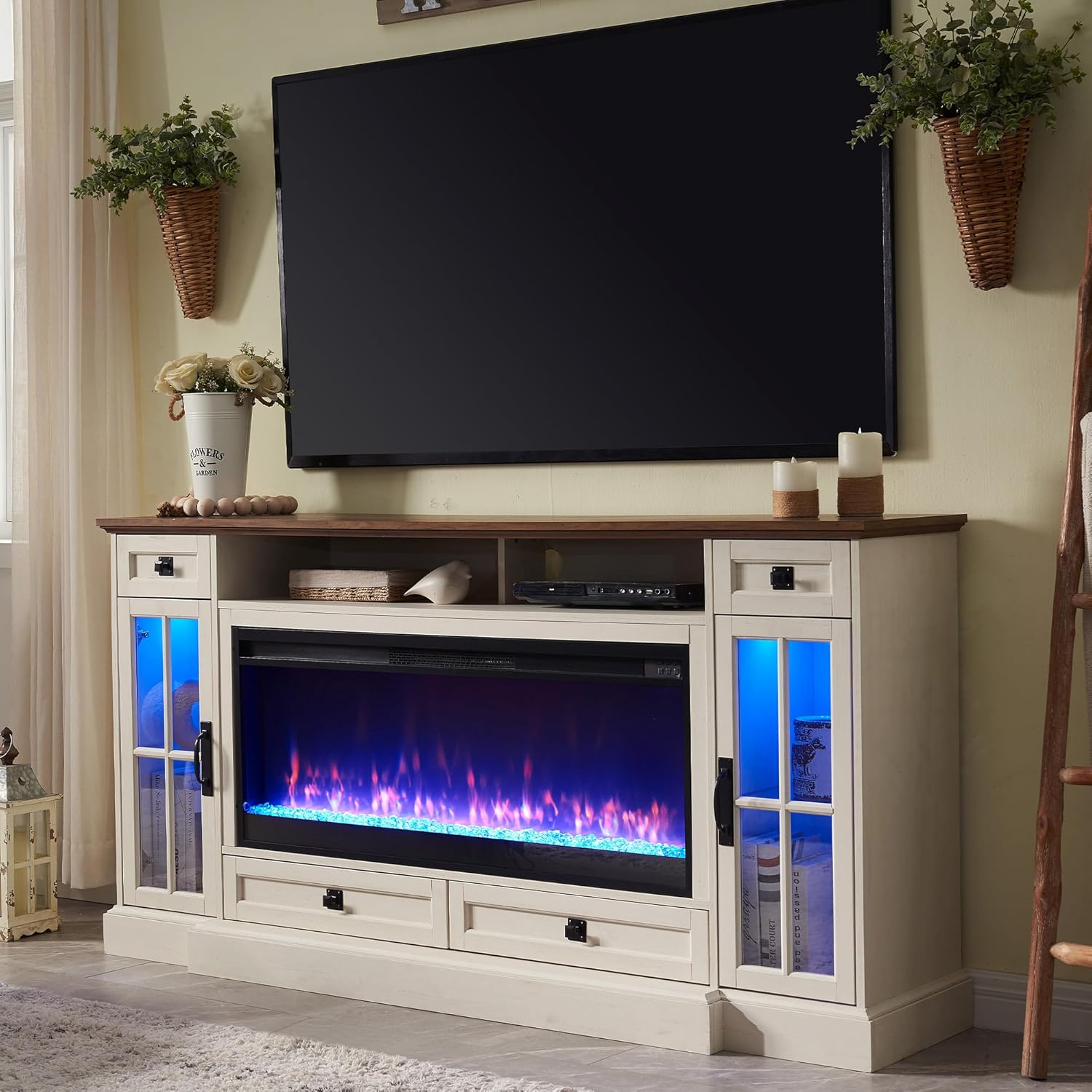 OKD Fireplace TV Stand for TVs up to 80",Farmhouse Entertainment Center with 42" Fireplace & LED Lights, White