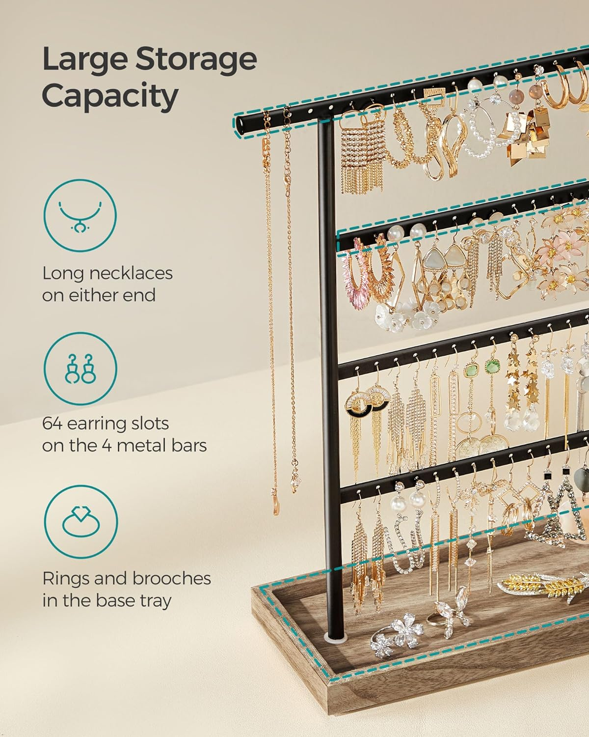 SONGMICS Jewelry Organizer, 4-Tier Earring Holder Organizer Stand with Base Tray, for Studs and Necklaces, Vintage, Wood Color and Black UJJS019B01