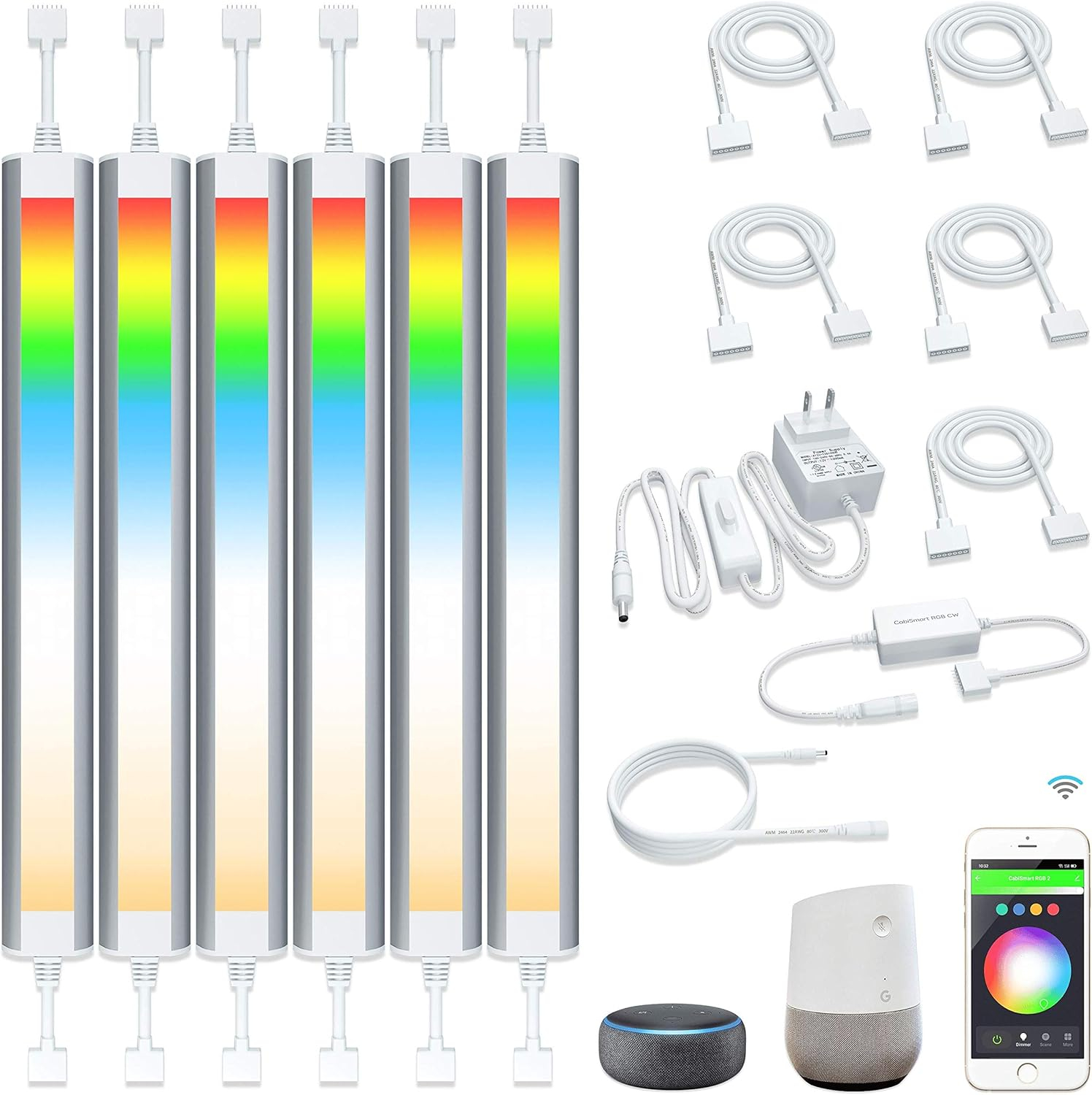 Smart Under Cabinet Lighting Strip Lights White & Color Changing Dimmable Work with Alexa Google Smart Thing Phone App, RGB Multi Colored Lamp for Kitchen Counter Light Fixture (6 Lights Bar Kit)