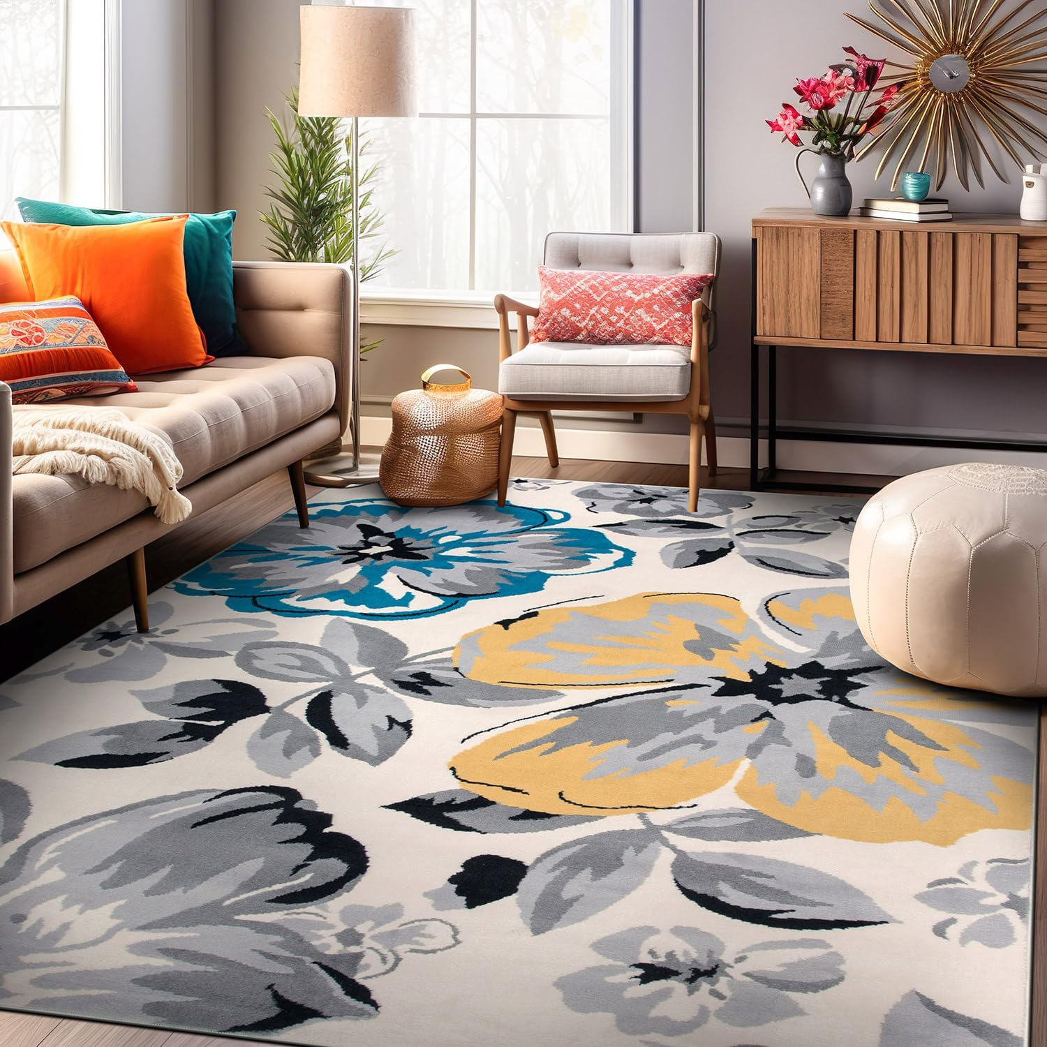 Cream Floral 9' x 12' Synthetic Rectangular Area Rug