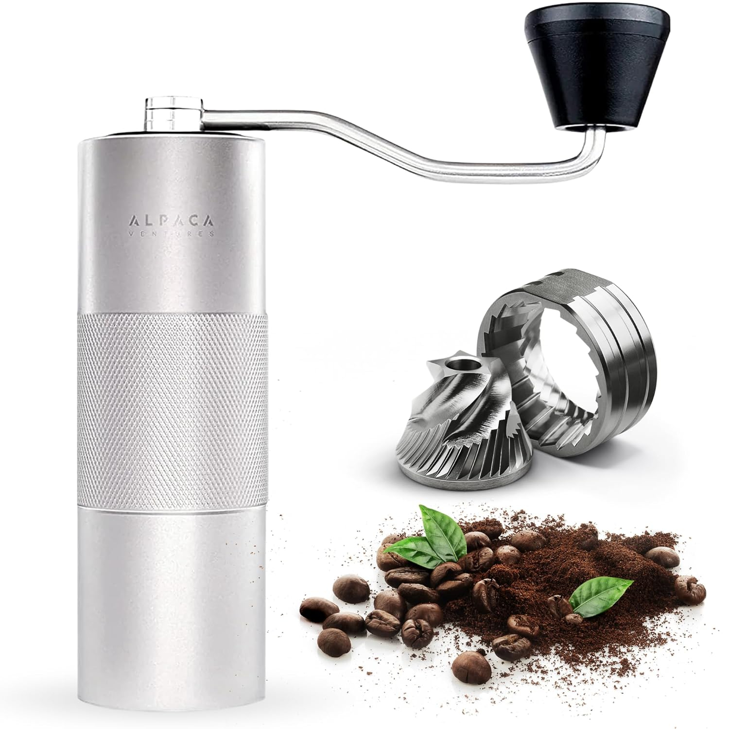 Manual Coffee Grinder by Alpaca Ventures - Stainless Steel Conical Burr Coffee Grinder Manual with Adjustable Setting Double Bearing Hand Espresso Grinder Perfect for Home, Office and Camping