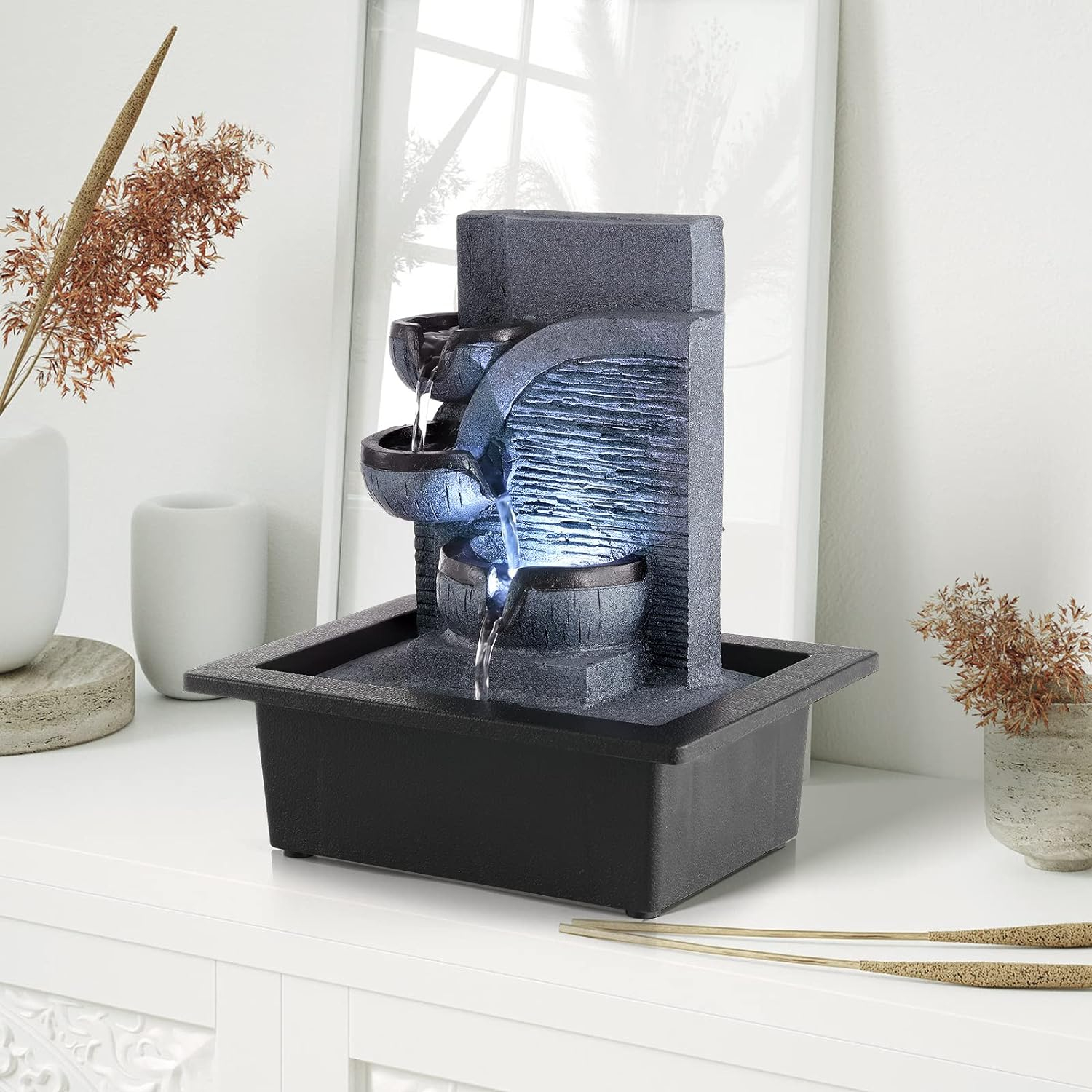 WICHEMI Indoor Fountain Tabletop Fountain Waterfall Fountains Relaxation Water Feature Feng Shui Zen Meditation Desktop Fountain with LED Light for Home and Office Indoor Spaces Decor (Style 6)