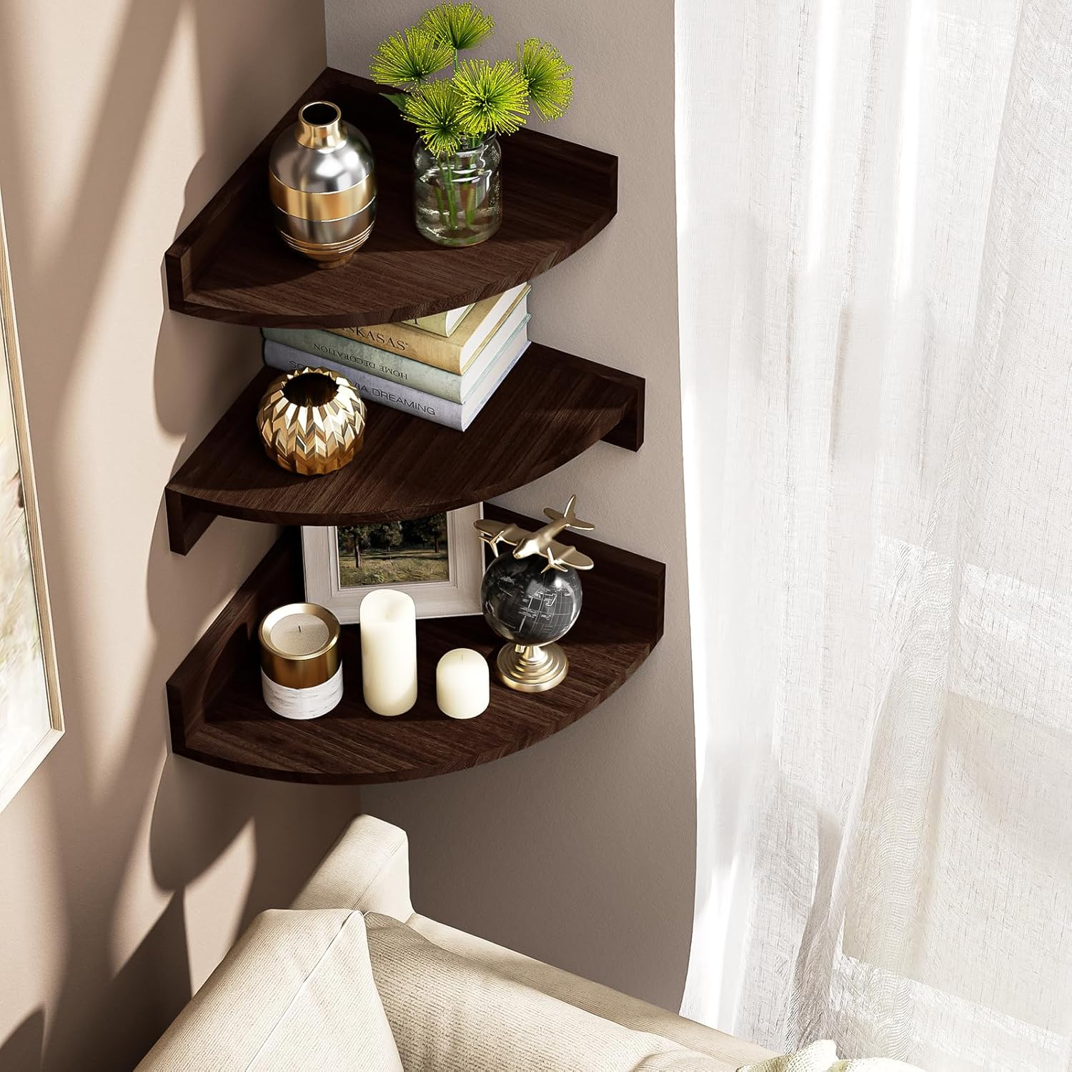 Alsonerbay Corner Shelf Wall Mount, Set of 3 Floating Shelves for Storage and Display, Rustic Wood Shelves for Bedroom, Kitchen, Living Room, Nursery and Office (Dark Brown)
