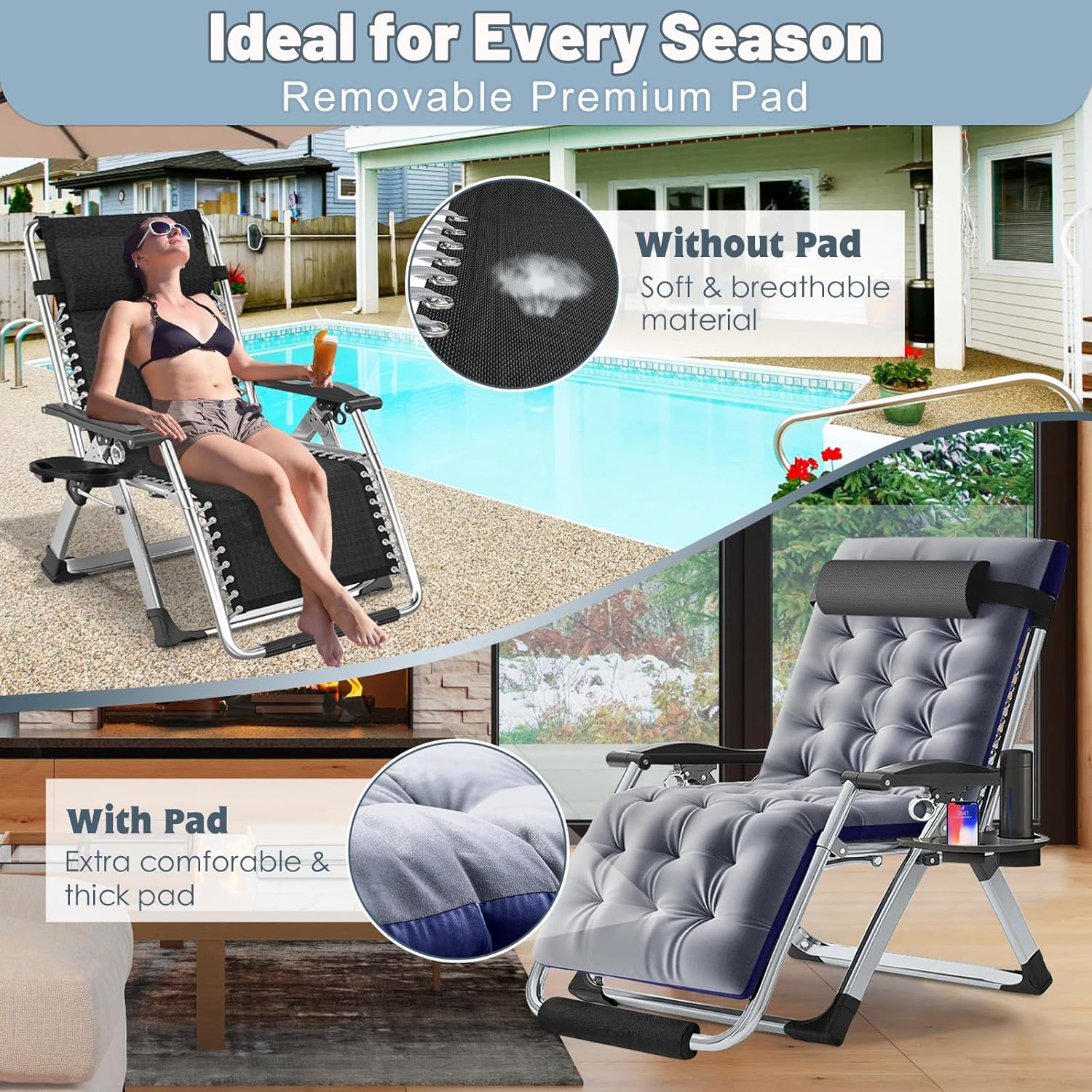 Slsy Zero Gravity Chair Oversized XL, Reclining Lounge Chair with Removable Cushion & Tray for Indoor and Outdoor, Patio Recliner Folding Reclining Chair