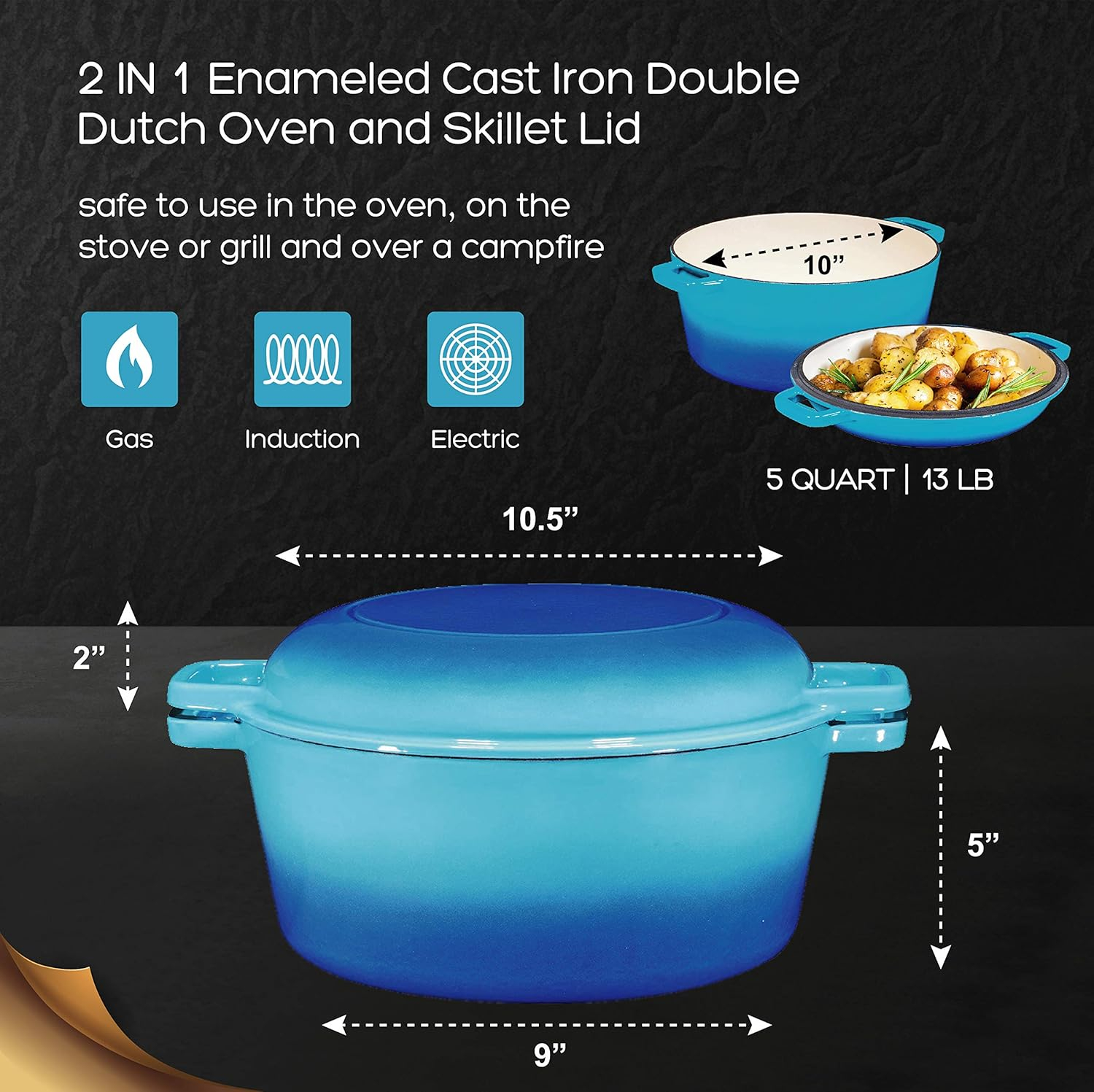 Bruntmor 2-in-1 Enamel Cast Iron Dutch Oven With Handles - Crock Pot Caribbean Blue Cast Iron pot with Skillet lid - All-in-One Cookware Braising Pan for Casserole Dish - 5 Quart, Caribbean Blue