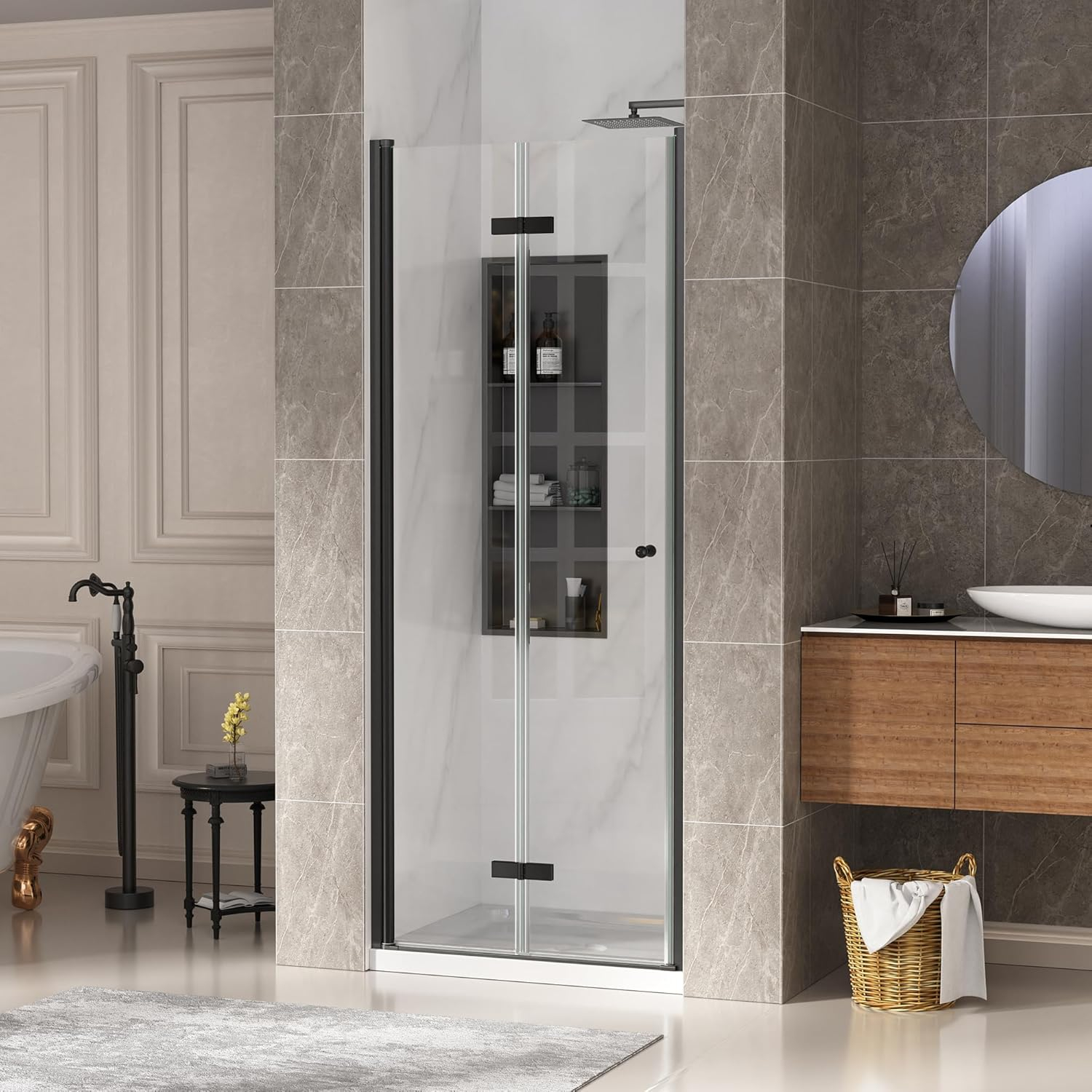 Bifold Shower Door, 31-32" W × 72" H Frameless Bathroom Glass Folding Shower Doors, Reversible Installation, 1/4" (6mm) Clear Tempered Glass Door for Walk-in Shower, Matte Black