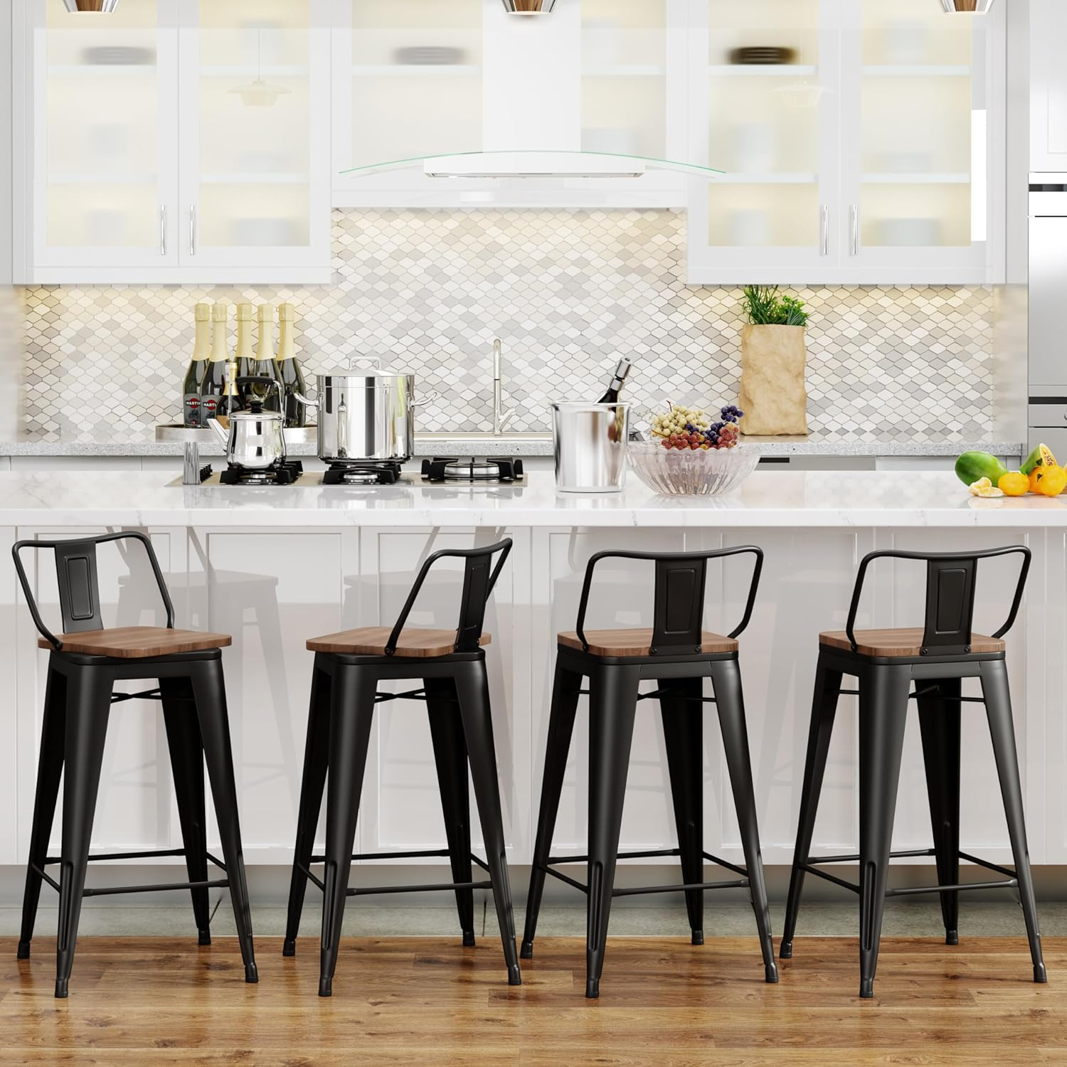 Killeryuki 24'' Metal Bar Stool 4PCS Low Back Conuter Stools for Indoor/Outdoor Barstools Metal Black Stools Bar Chairs w/Wooden Seat Metal Leg Industrial Counter Height Stools Black