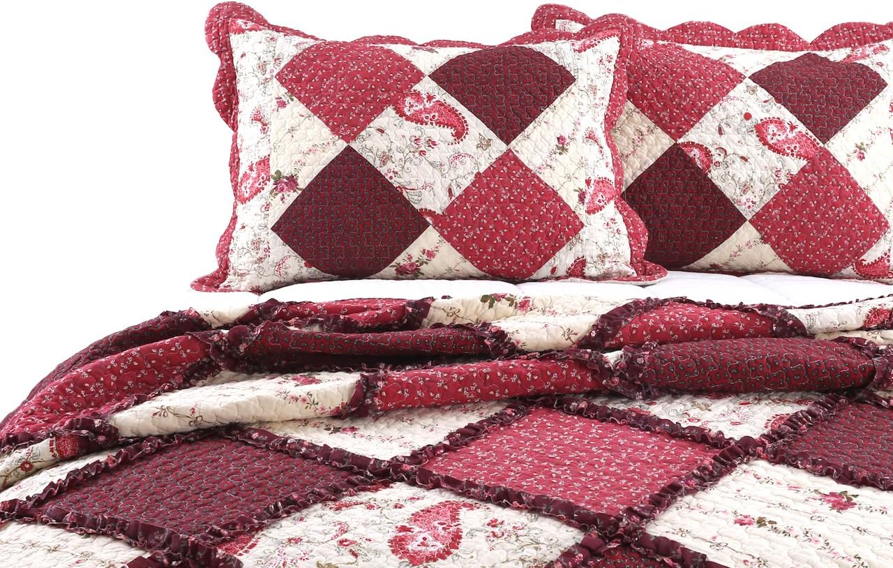 Cozy Line Home Fashions Rich Red Rose Floral Paisley 3-Piece Patchwork Ruffle Scalloped Vintage Farmhouse Cotton Reversible Queen Quilt Bedding Set