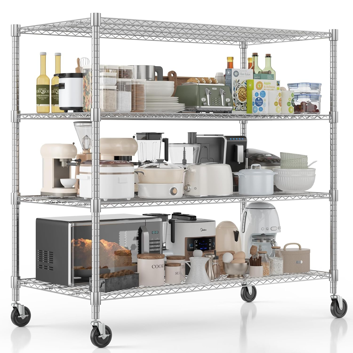 Homdox Heavy Duty Metal Shelves for Storage, 4 Tier Storage Racks and Shelving, Commercial Adjustable Wire Shelving Unit on Wheels, Garage Rack Pantry Shelves Kitchen Shelving, 24"x48"x72", Chrome
