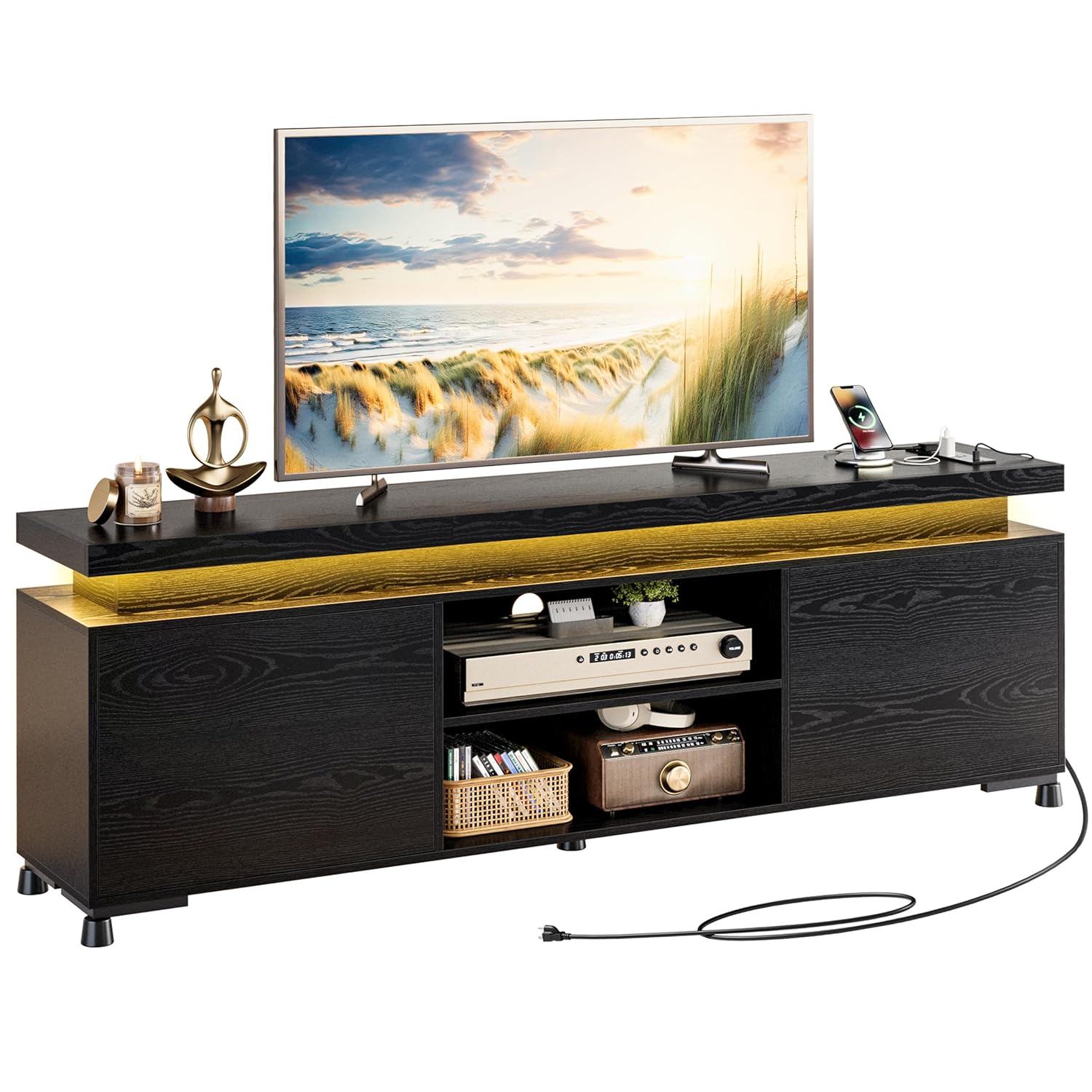 IRONCK TV Stands for TVs 75+ Inch with LED Lights and Power Outlet Modern TV Console Entertainment Center with Storage Cabinet for Living Room