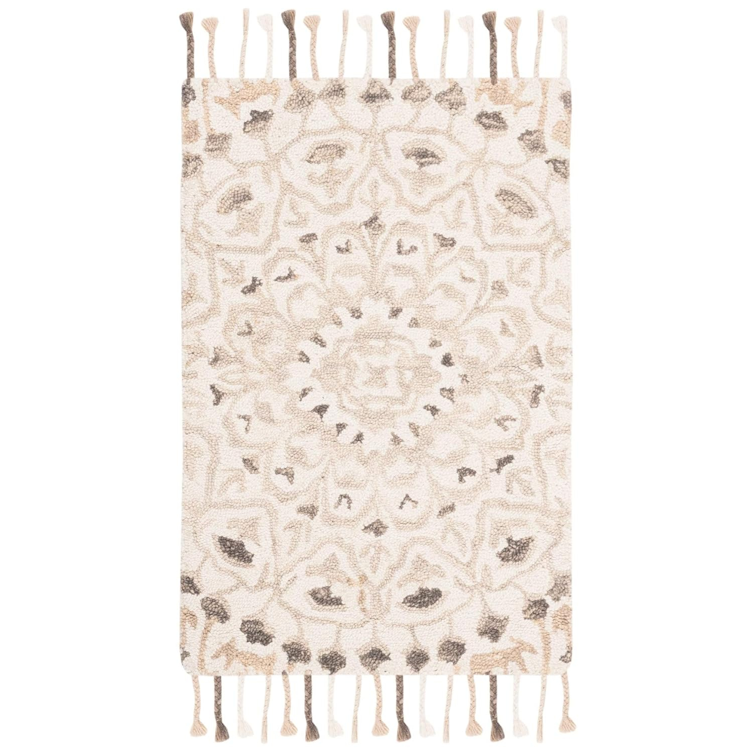 SAFAVIEH Blossom Kelvin Abstract Wool Fringed Area Rug, Ivory/Taupe, 2' x 3'