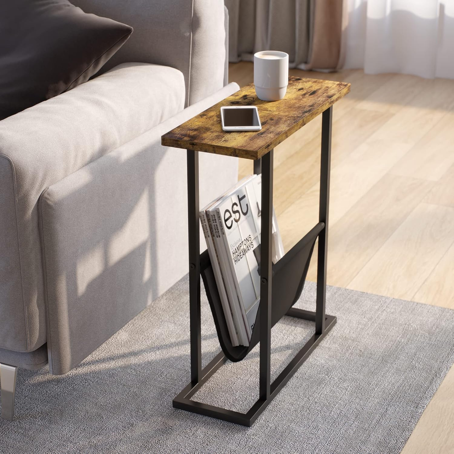 Narrow Side Table, Nightstand with Storage Shelf, Slim Magazine Table for Small Spaces, Narrow Side Snack Couch, End Table for living room, bedroom, hallway, Rustic Brown