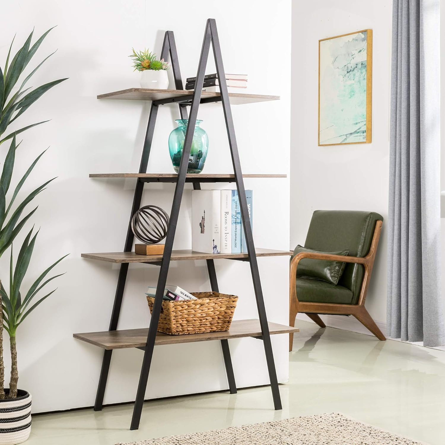 Glitzhome 64.5"H Modern Industry Wooden Oak Melamine 4-Tier Metal/ Wooden Leaning Bookcases & Ladder Shelves