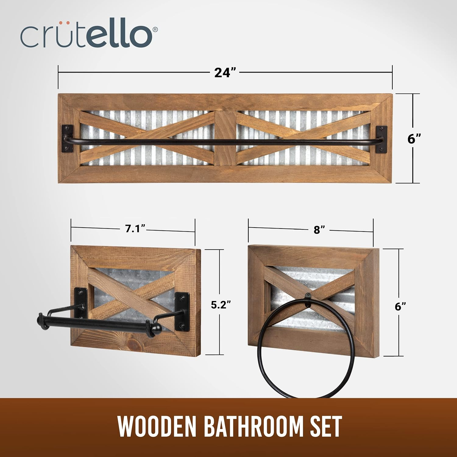 Crutello Rustic Towel Bar Toilet Paper Holder Set with Towel Ring for Bathroom- Wall Mounted Bathroom Racks - Barnwood, Galvanized Backing & Black Metal Bar, Farmhouse Decor