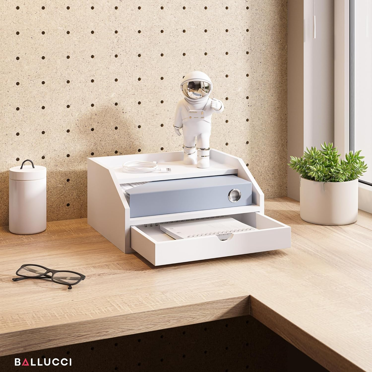 Ballucci Desk Organizer with Drawer, 2 Tier Paper Office Supplies Desk Organizer, 13 2/5" x 9 3/5" x 6", White