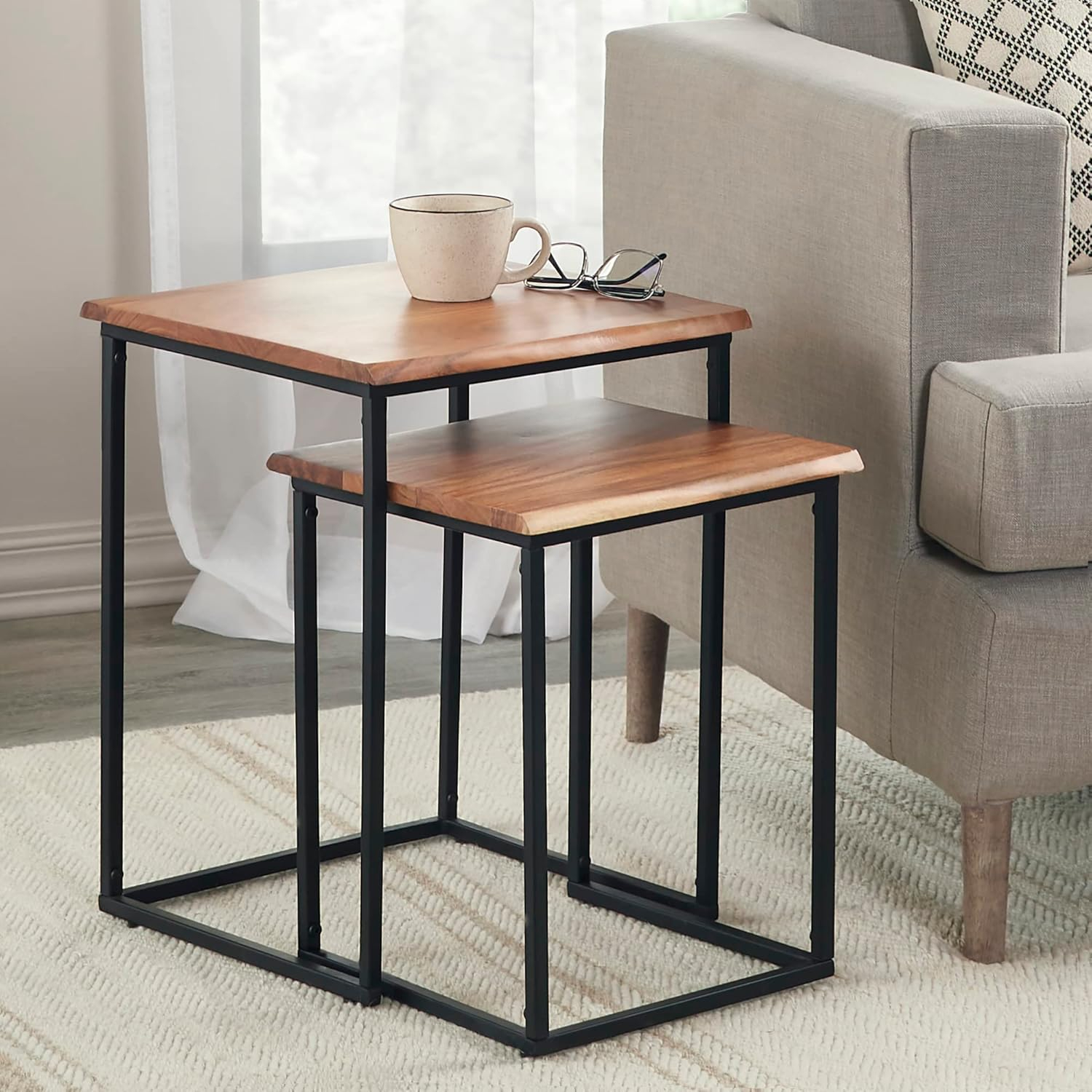 FirsTime & Co. Brown and Black Live Edge Nesting End Table 2-Piece Set, Side Table, Night Stand, Acacia Wood and Metal, 16.5 x 16 x 21 inches