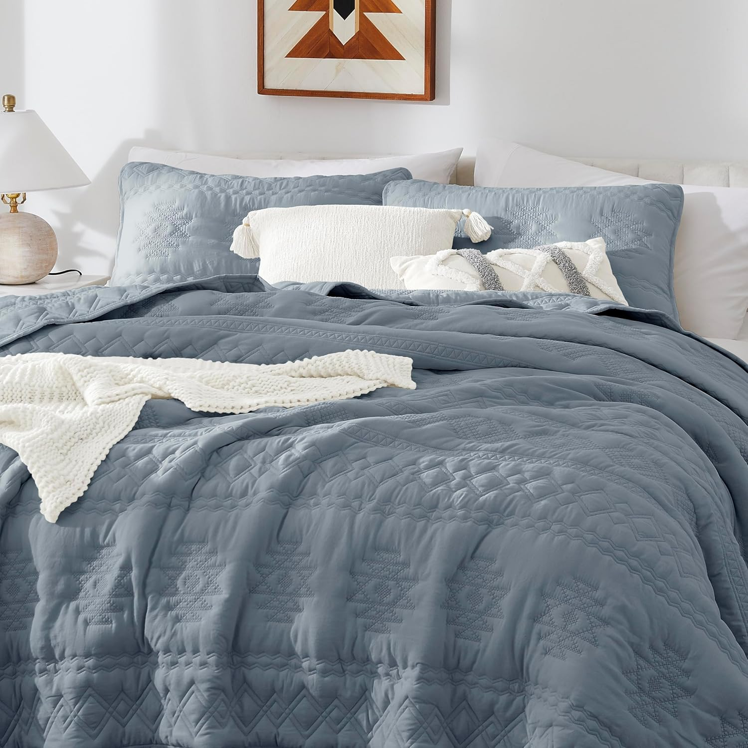 WDCOZY Boho Blue Grey Oversized California Cal King Size Quilt Bedding Sets with 2 Pillow Shams, Farmhouse Lightweight Soft Bedspread Coverlet for All Season, 116x106 inches