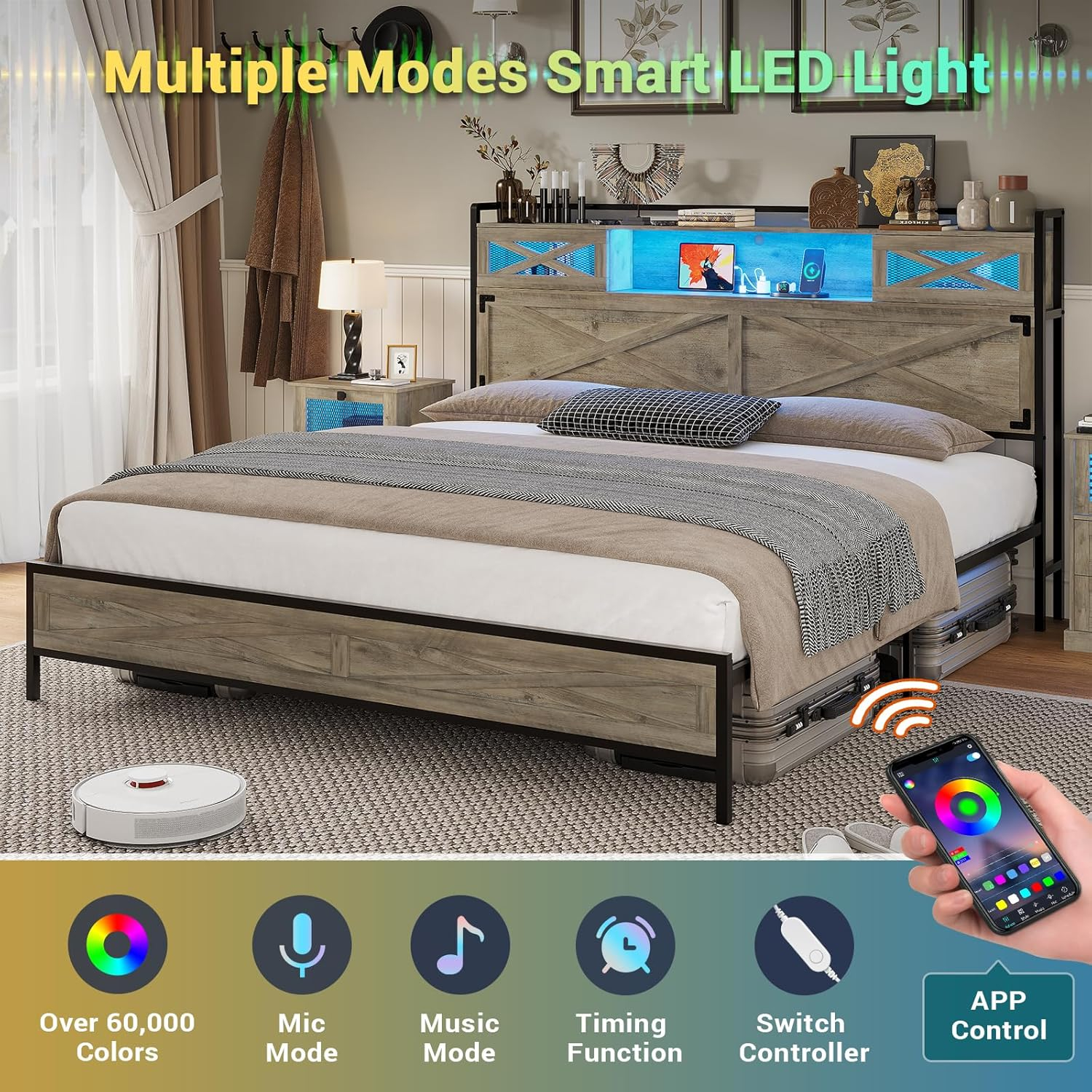 Hasuit Queen Bed Frame with Storage Headboard, Platform Bed Queen Size with Charging Station and LED Lights, Farmhouse Rustic Bed with Sliding Barn Door, Rustic Oak