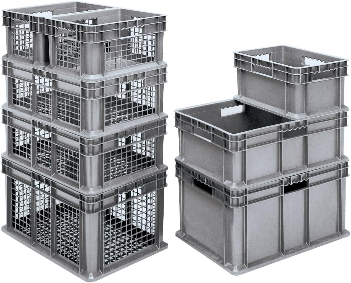 Gray Industrial Plastic Storage Tote with Mesh Sides, 24-Inch