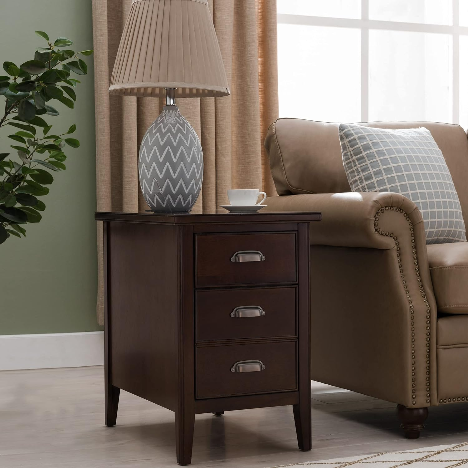 Traditional Brown Lacquered Hardwood End Table with Storage