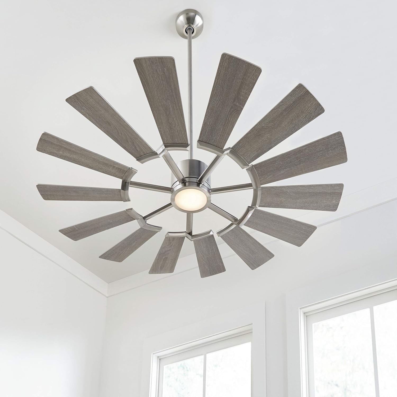 Monte Carlo 14PRR52BSD Prairie II Windmill Energy Star 52" Outdoor Ceiling Fan with LED Light and Hand Remote Control, 14 Wood Blades, Brushed Steel
