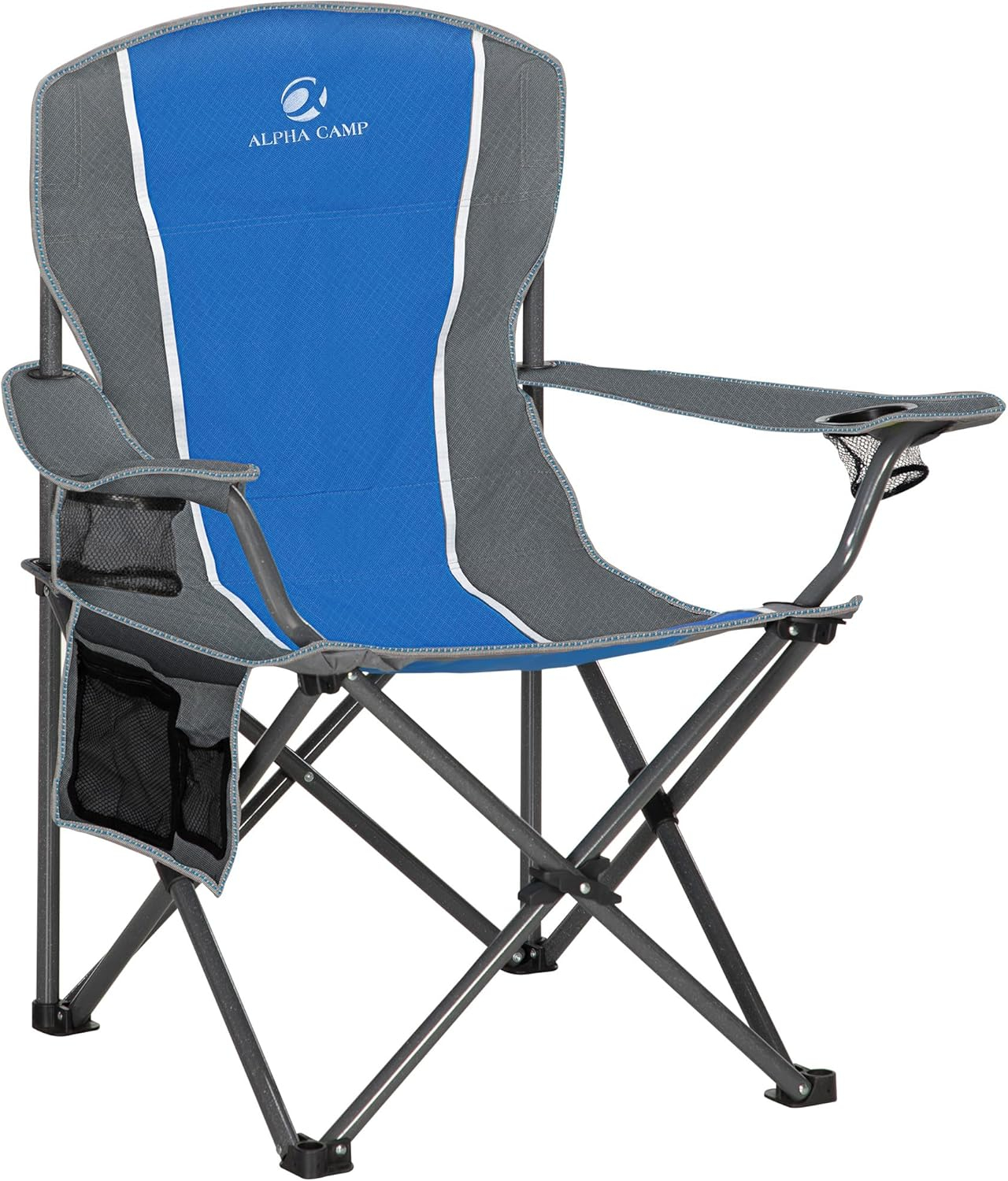 Oversized Camping Folding Chair Padded Arm Chair with Cup Holder Blue Grey