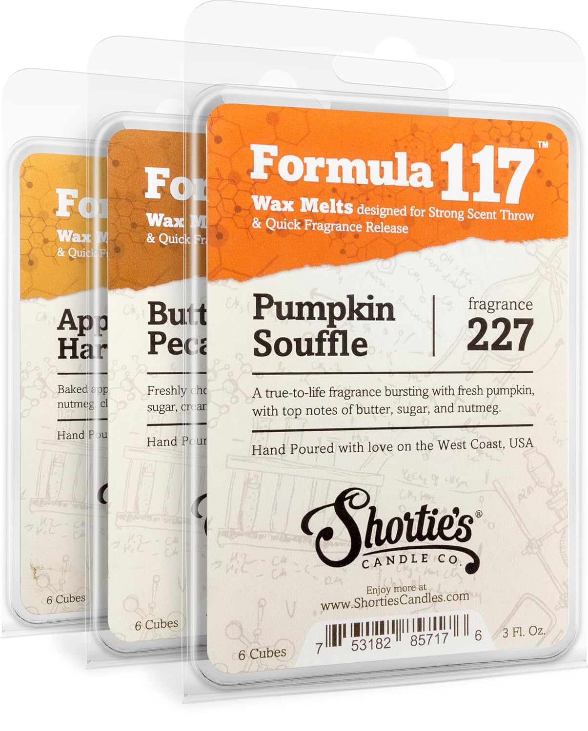 Shortie's Candle Company Fall Wax Melts Variety Pack - Pumpkin Souffle, Butter Pecan Pie, Apple Harvest - Formula 117-3 Highly Scented 3 Oz. Bars - Made with Natural Oils - Fall Warmer Wax Cubes