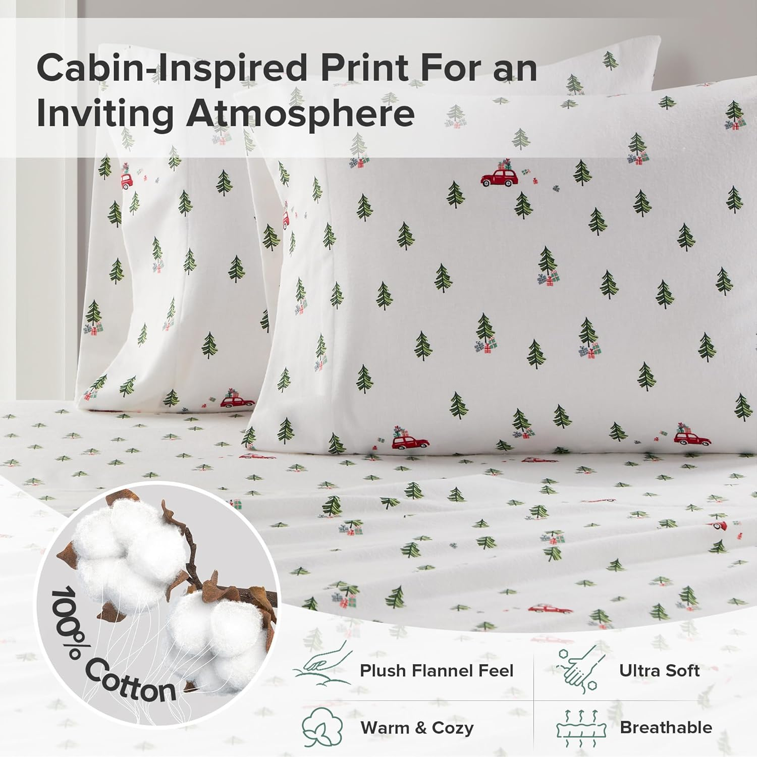 Twin Cotton Flannel Green Tree Trip Plaid Sheet Set