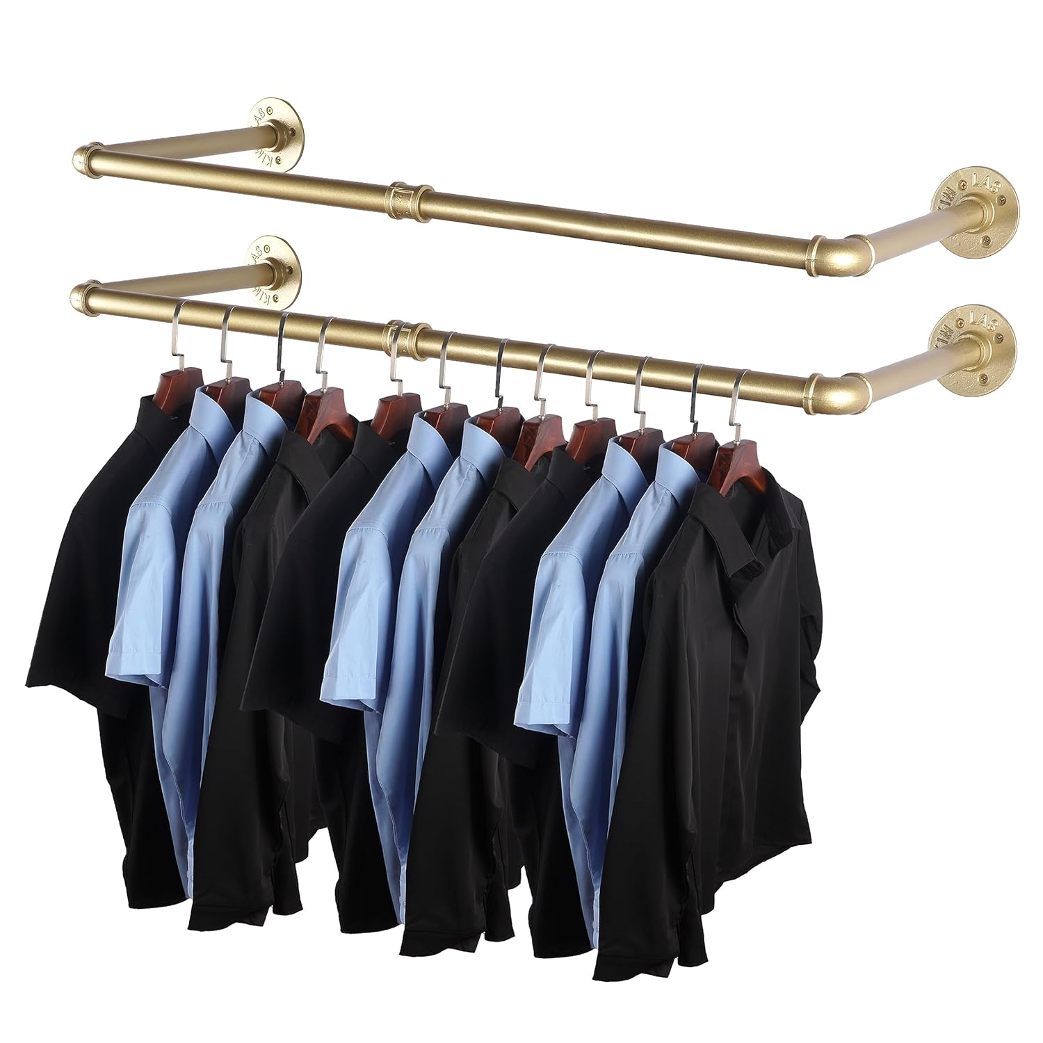 AddGrace 2 Pack Industrial Pipe Clothes Rack Gold Wall Mounted Clothing Rack for Hanging Clothes 34.5 Inch Multi-Purpose Garment Bar for Wardrobe and Laundry Room