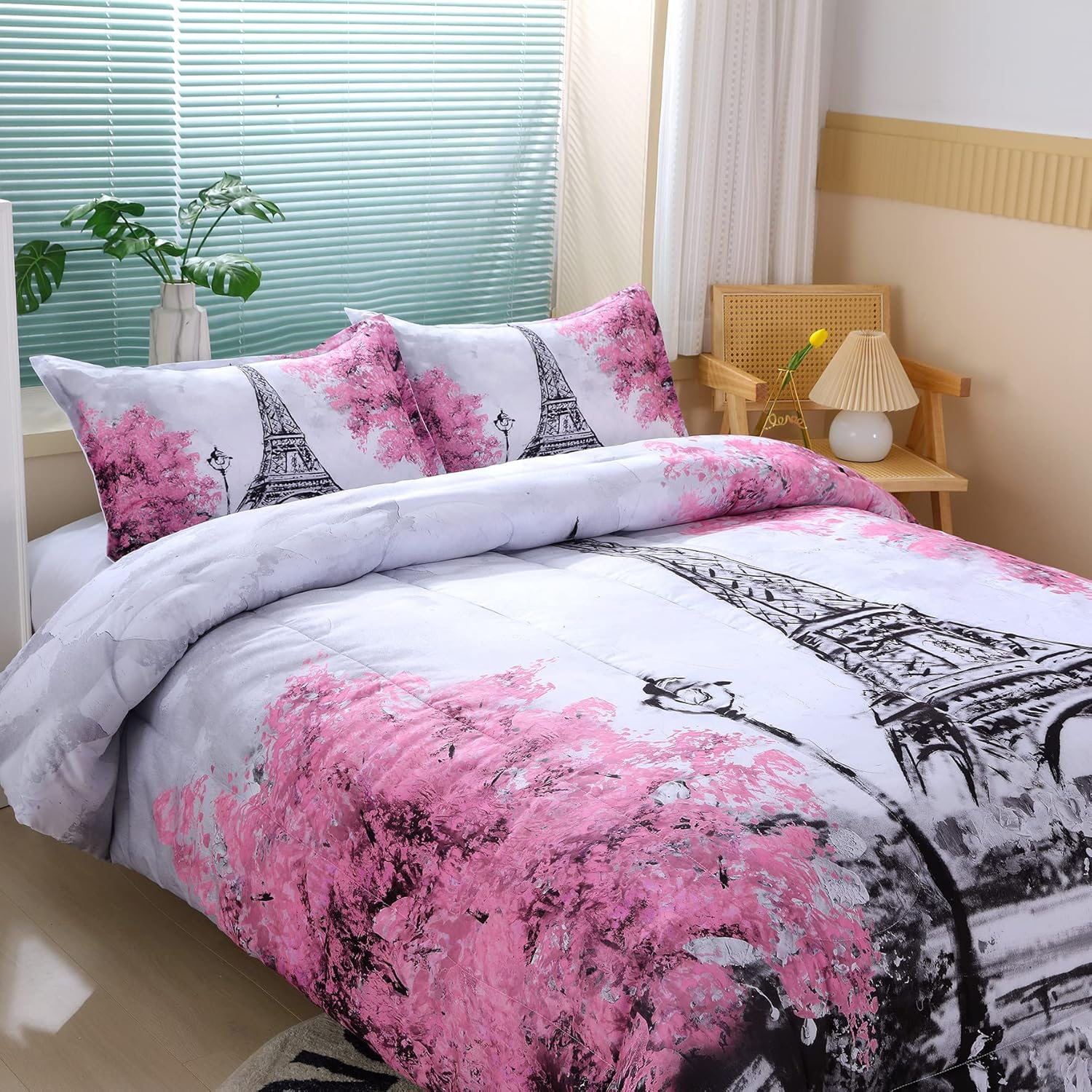 Suncloris Paris Style Comforter Set for Girls Teens, Queen Size France Eiffel Tower Bedroom Themed Bedding Comforter with 2 Romantic French Pink Flowers Patterned Pillowcases-90 x90(Queen, Grey)