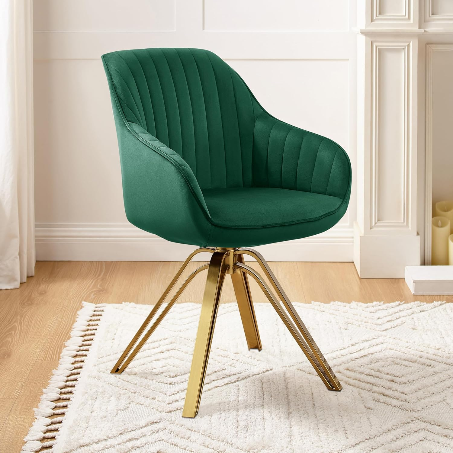 23 in. Green Velvet & Gold Swivel Arm Chair