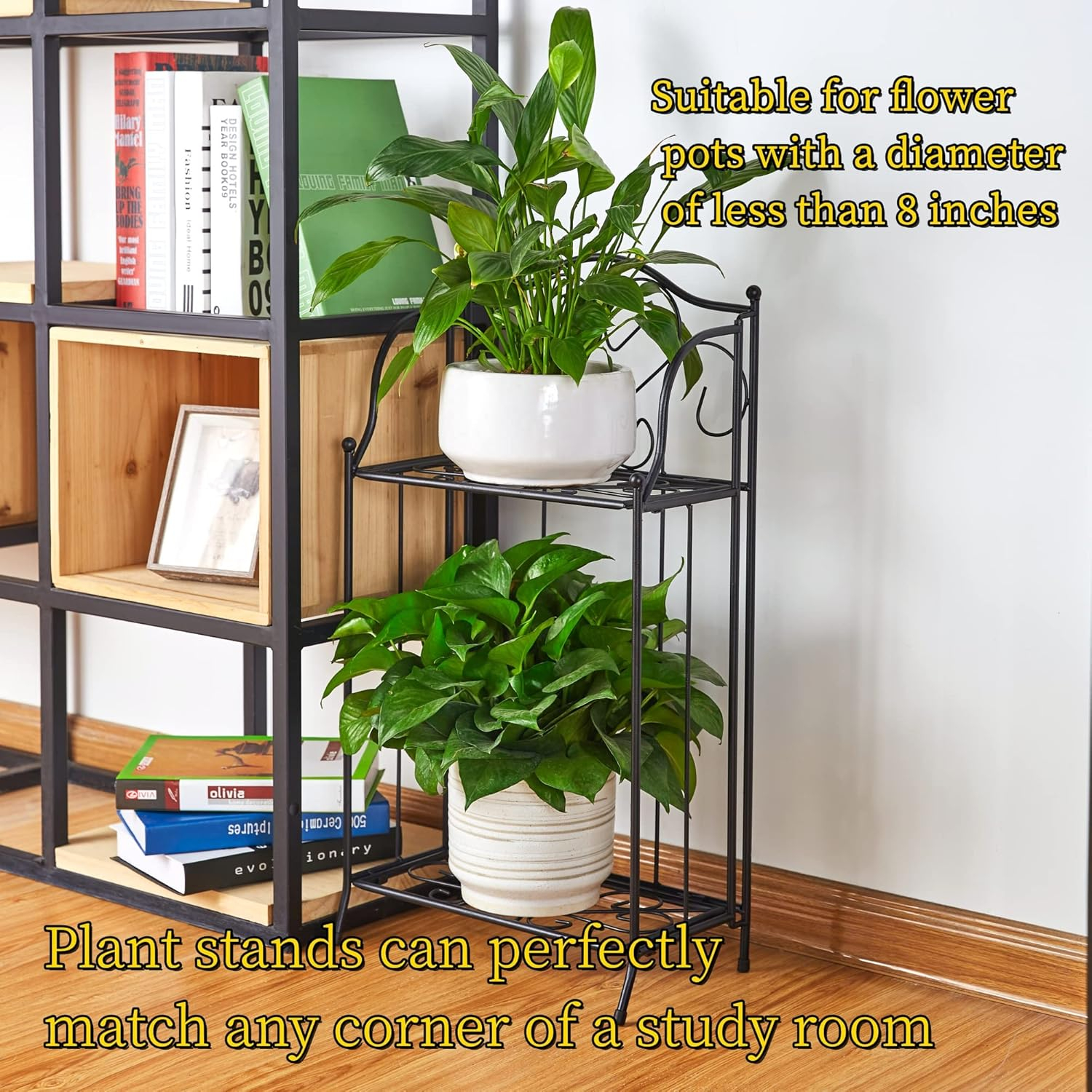 Yolafe Foldable 2 Tier Metal Plant Stand Scrollwork Design Indoor and Outdoor Flower Rack Pot Shelf Home Storage Organizer Shelf, Black