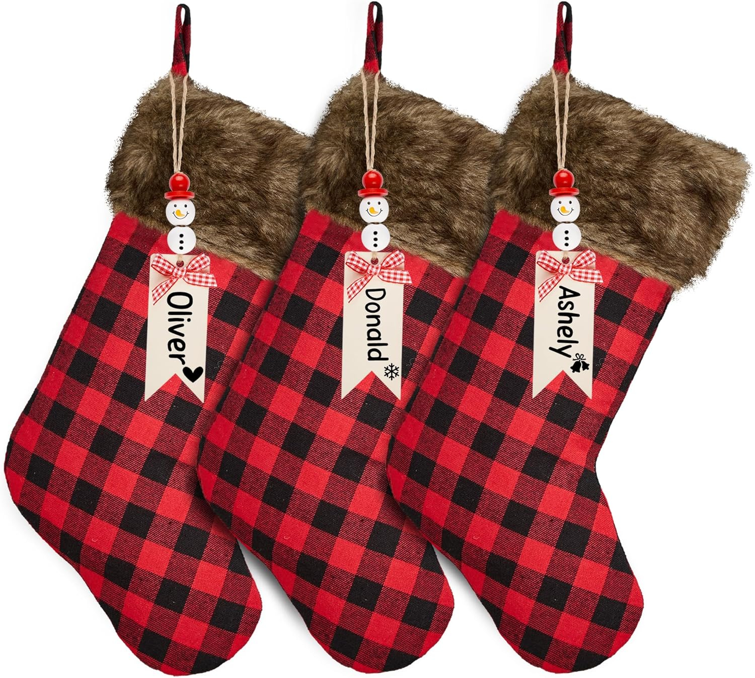 Chirstmas Stockings 3 Pack 18 Inch, Large Buffalo Plaid Xmas Stockings with Faux Fur Cuff, Country Rustic Holiday Indoor Decorations for Family