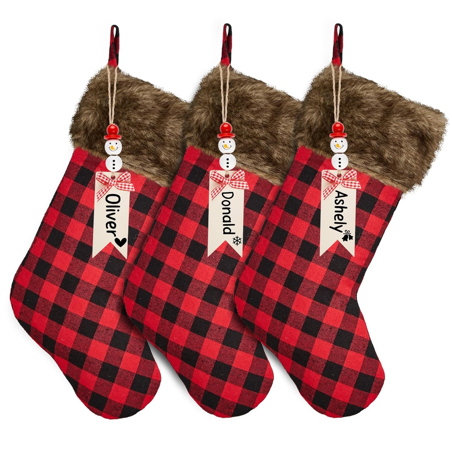 Chirstmas Stockings 3 Pack 18 Inch, Large Buffalo Plaid Xmas Stockings with Faux Fur Cuff, Country Rustic Holiday Indoor Decorations for Family