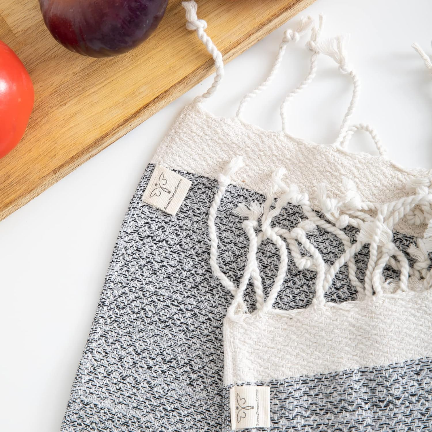 Gray Cotton Vintage Washcloth Set with Fringe Tassels