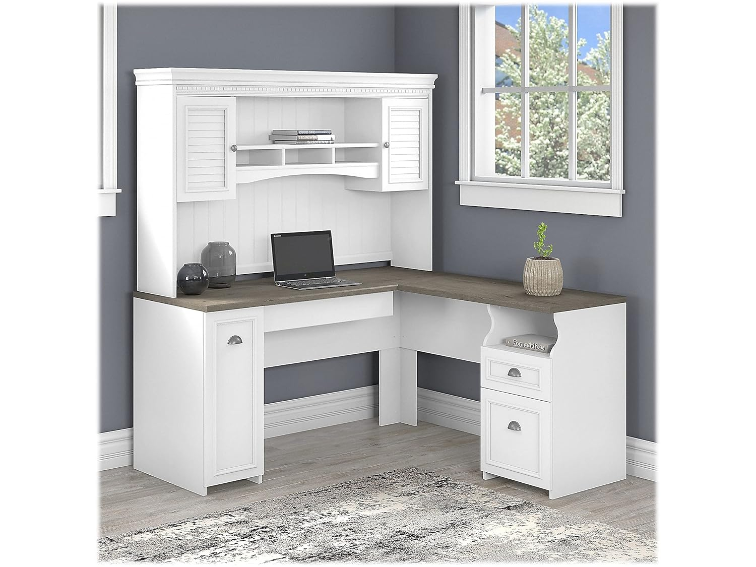Bush Furniture Fairview 60" W L Shaped Desk with Hutch, White/Gray