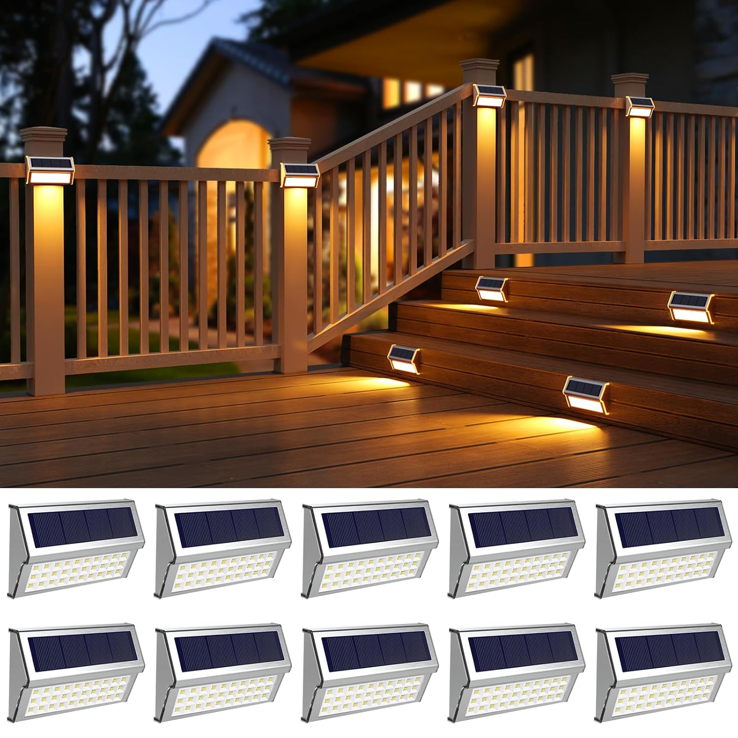 Solar Outdoor Lights, 10 Pack 30 LED Fence Lights Waterproof Solar Powered Deck Post Lamps Stainless Steel Outside Step Lighting for Backyard Yard Walkway Stairs, Cool White Light