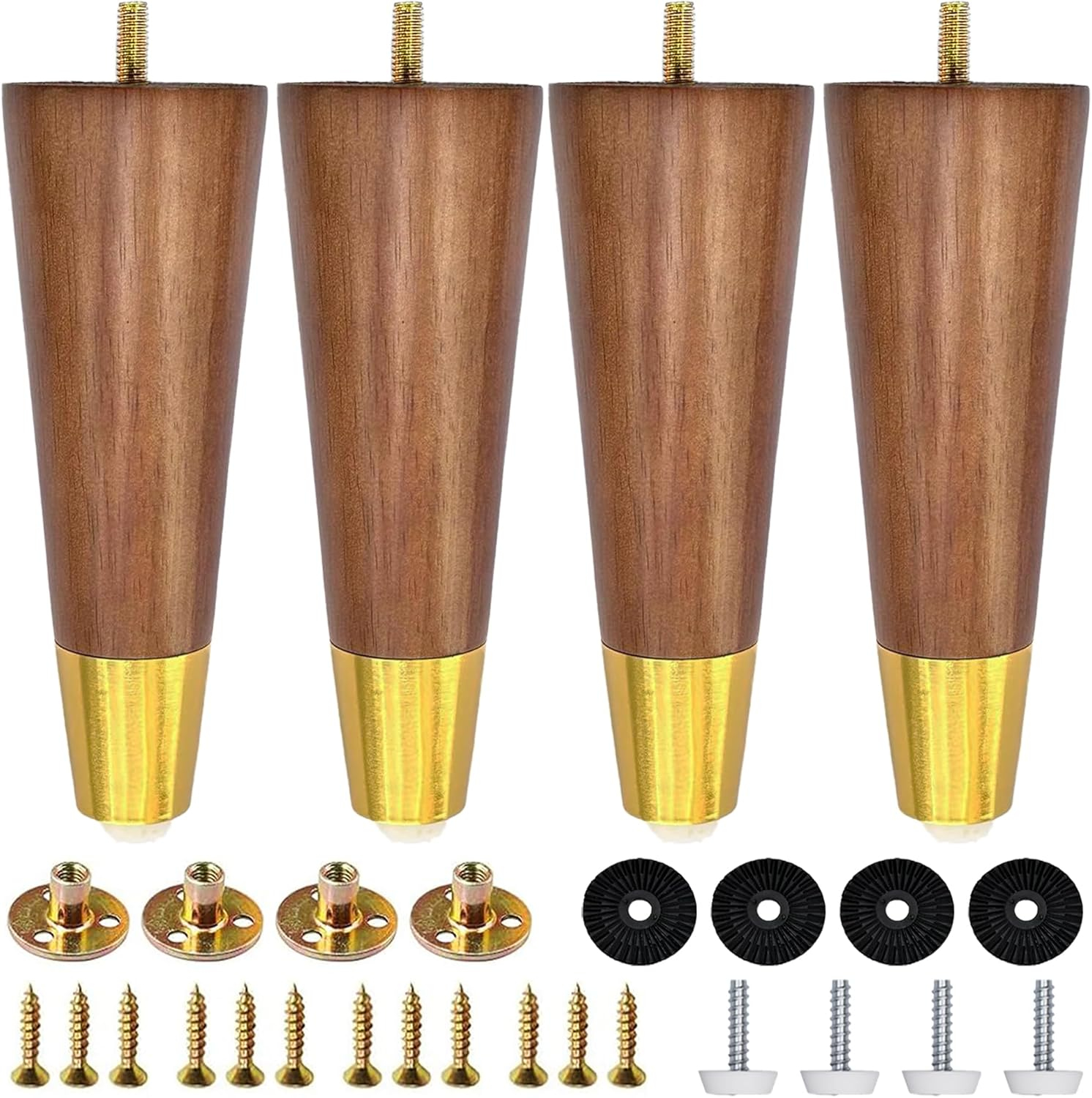 Hard Wood Furniture Legs with Gold Caps 6 Inch Mid-Century Modern Replacement Legs for Couch Dresser Cabinet Vanity Ottoman Walnut Color Sofa Legs Set of 4
