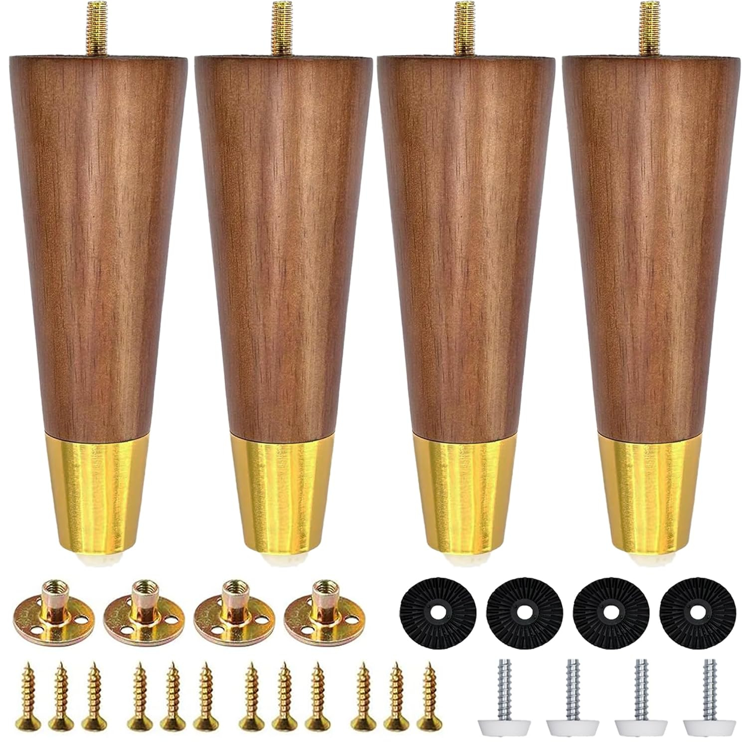 Hard Wood Furniture Legs with Gold Caps 6 Inch Mid-Century Modern Replacement Legs for Couch Dresser Cabinet Vanity Ottoman Walnut Color Sofa Legs Set of 4