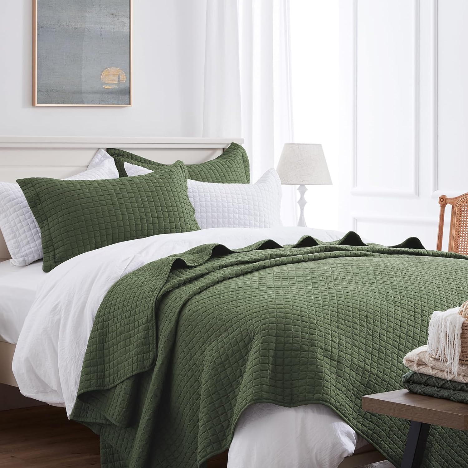 SunStyle Home Olive Green Quilt, Queen Size Quilt Set Lightweight Blanket Bedspread Full Soft Reversible Coverlet All Season 3pcs Army Green Square Quilted Bedding Sets with 2 Pillow Shams(90"x96")