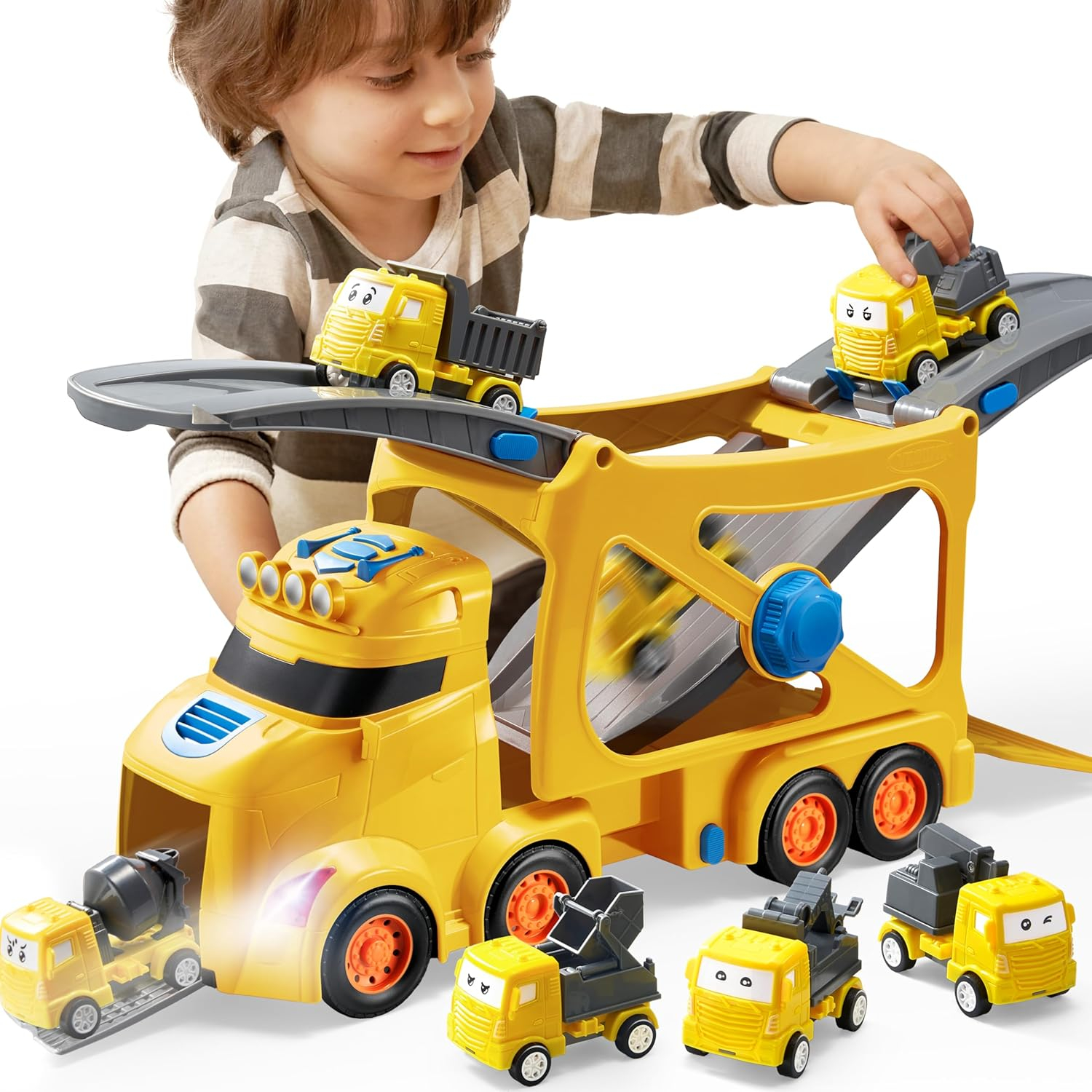 Extra Large Toy Cars for Toddlers, 3-Layer Construction Trucks for 2 3 4 Year Old Boys, 7-in-1 Big Transport Vehicle Carrier Truck with Siren & Lights and 6 Toy Cars, Birthday Gifts for Boys Kids