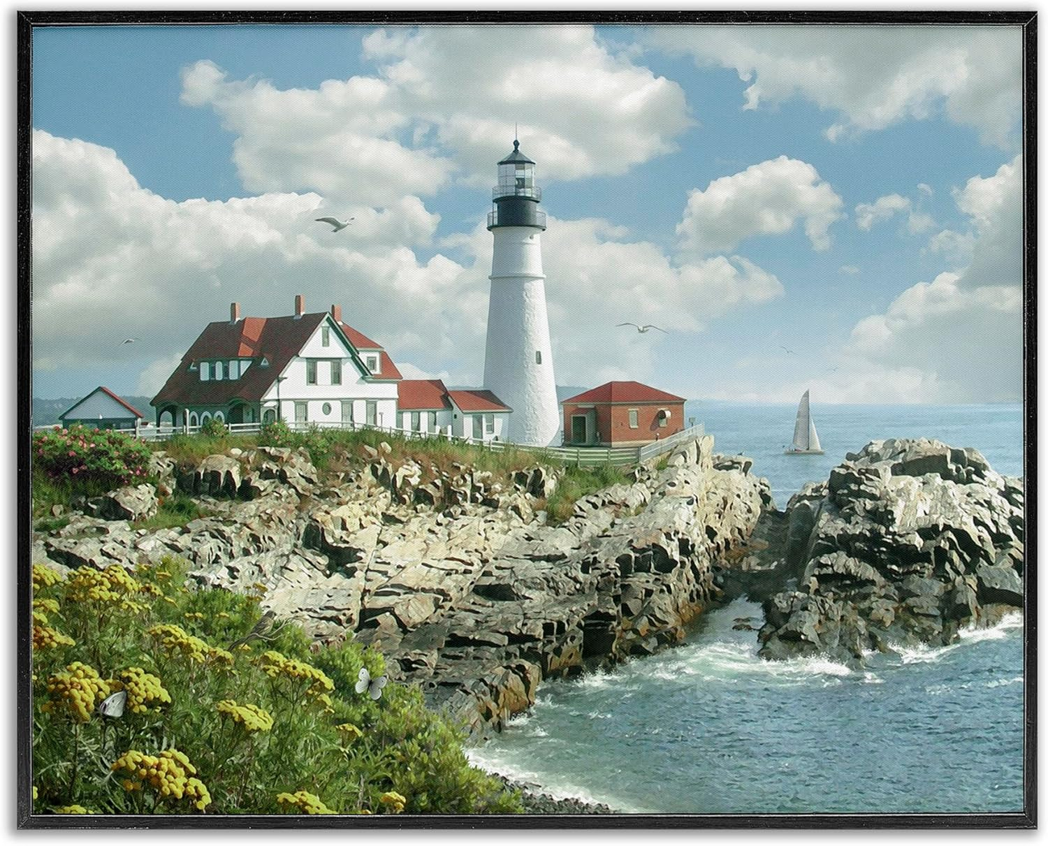 The Stupell Home Decor Collection Portland Head Lighthouse Scene Grassy Ocean Side Peninsula with Sail Boat Framed Giclee Texturized Art