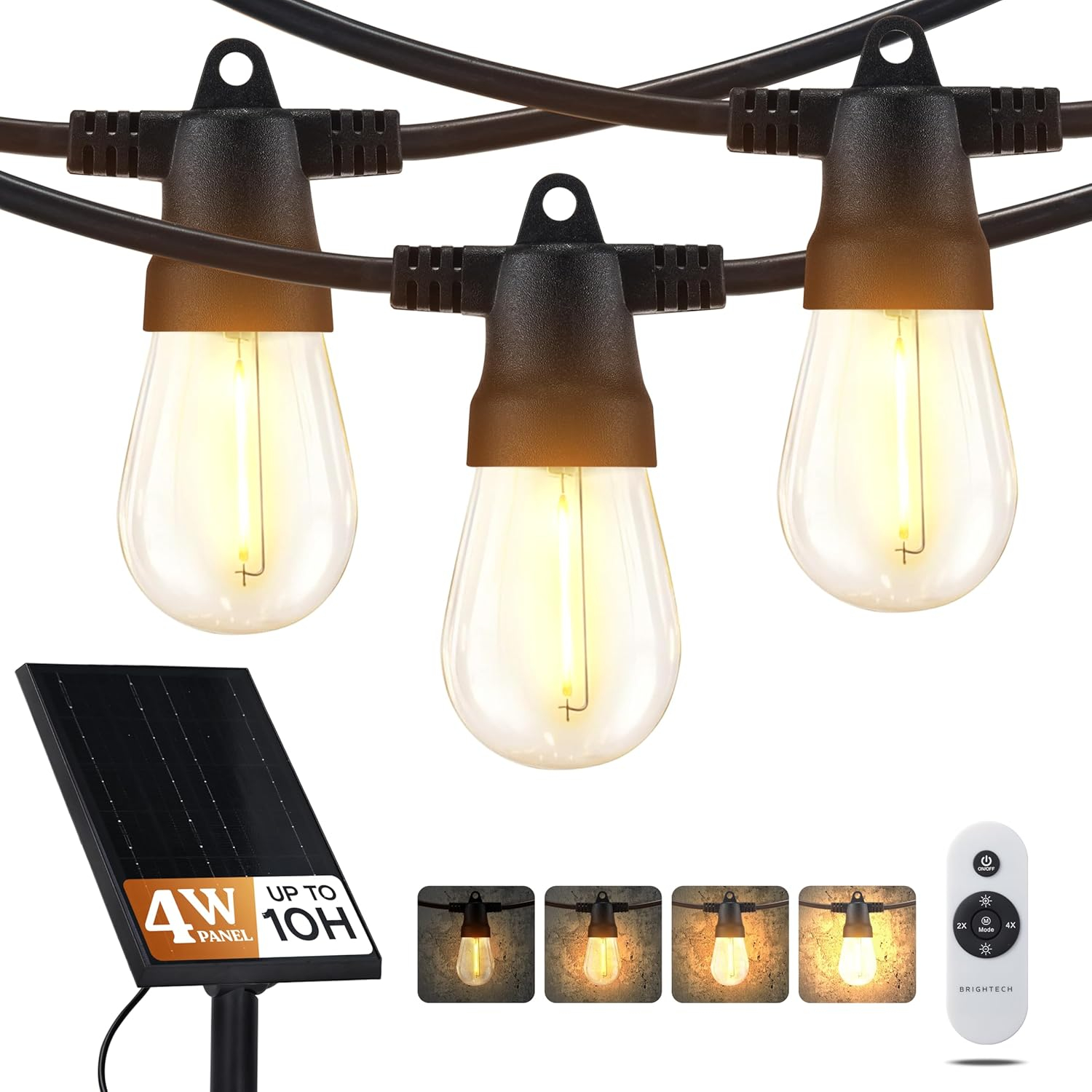 Brightech Ambience Pro Super Bright Solar - 27Ft Remote Control Outdoor String Lights with 12 Shatterproof S14 Bulbs, Commercial Grade LED, Waterproof Patio Lights, 4W Soft White for Patios, Gardens
