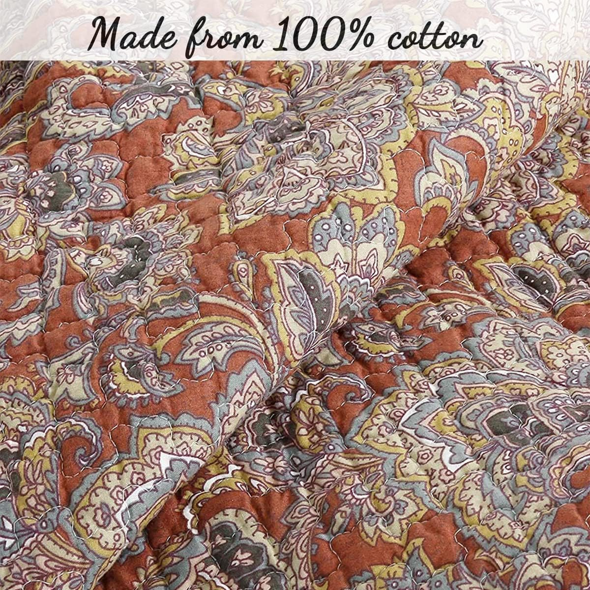 Cozy Line Home Fashions Red Orange Vintage Reversible 100% Cotton 3-Piece Quilt Bedding Set, Coverlet Bedspread (Lara Spice Paisley, Queen - 3 Piece)