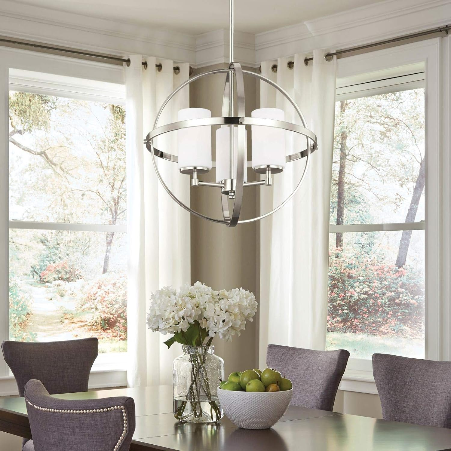 Alturas 3-Light Brushed Nickel Modern Dining Room Hanging Globe Chandelier with Etched White Glass