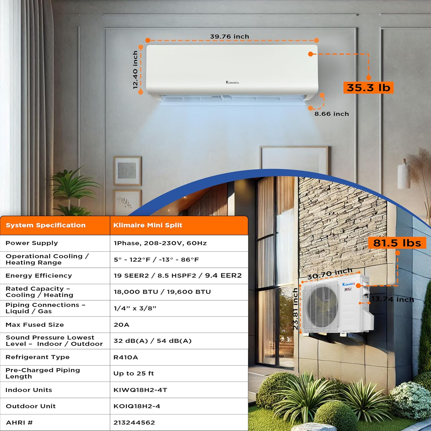 Klimaire DIY 18,000 BTU 19 SEER2 WiFi-Enabled Mini-Split Heat Pump Air Conditioner with 25-Ft Pre-Charged Quick-Connect Installation Kit, Up to 1,000 Sq. Ft.