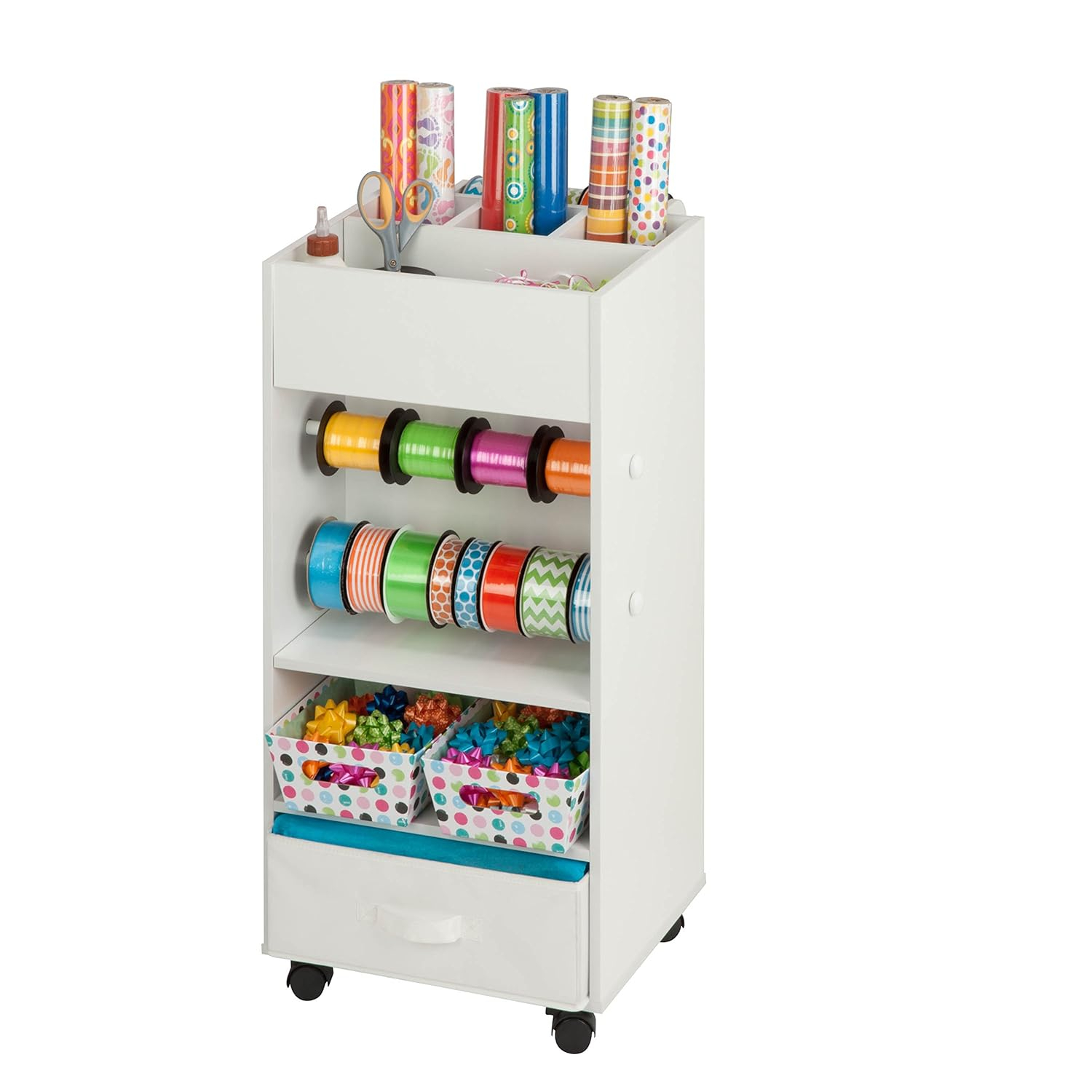 Honey-Can-Do 5-Tier Craft or Gift Wrap Storage Cart with Fabric Drawer, Dowel Rods, and Compartments, White