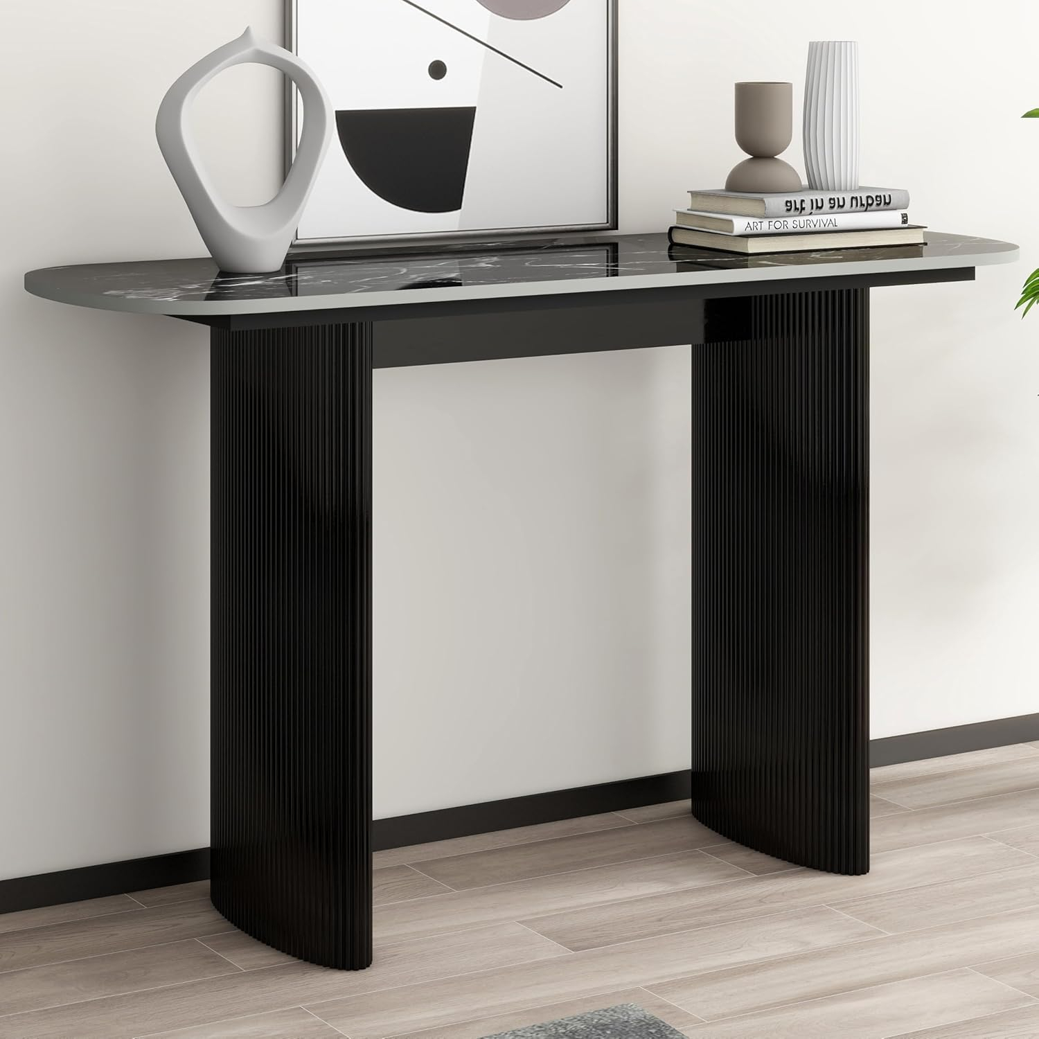 Black Marble Top Console Table with Fluted Wooden Base