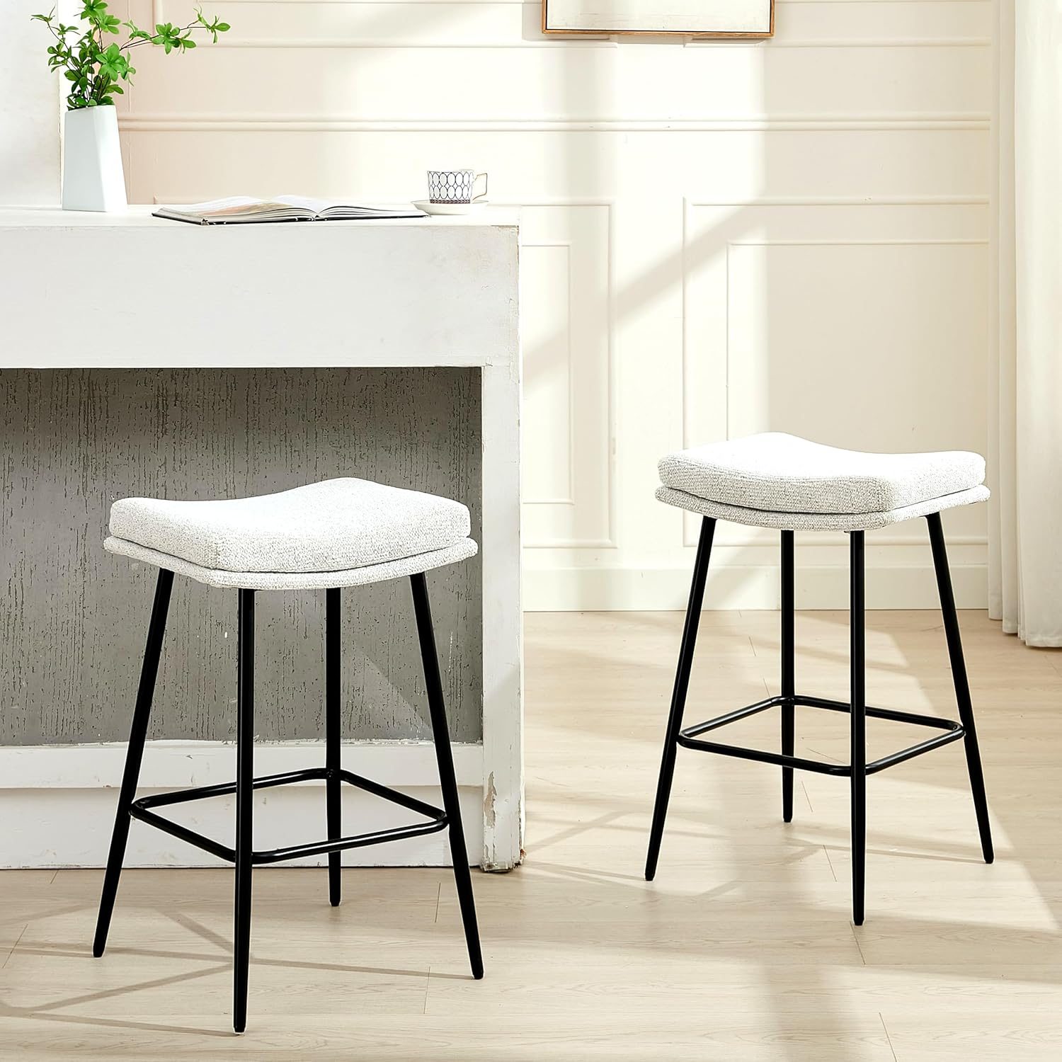 26 inch Counter Height Bar Stools Set of 2, Backless Saddle Bar Stools for Kitchen Counter, White Boucle Seat, Modern Kitchen Stools with Double Layered Cushion and Metal Legs