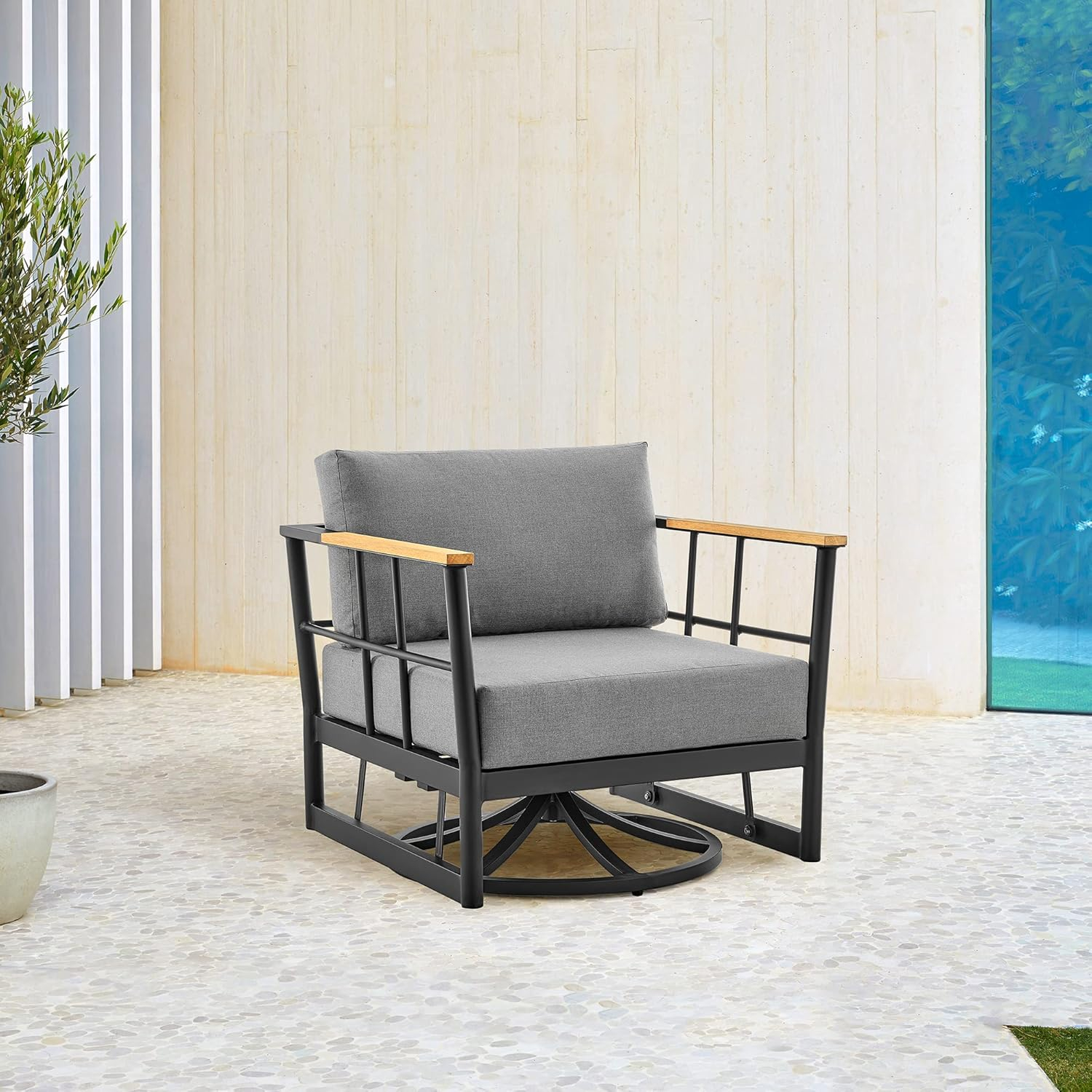 Shari Outdoor Patio Swivel Glider Lounge Chair in Black Aluminum and Teak Wood with Cushions